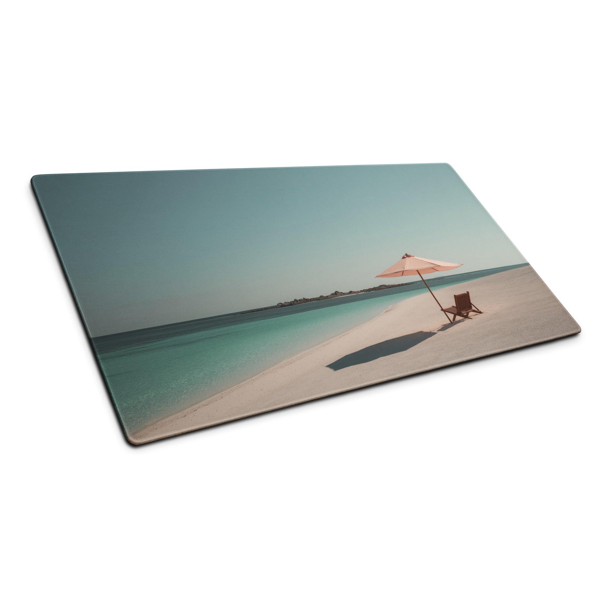 Beige beach scene gaming mouse pad with serene shoreline, turquoise water, umbrella, non-slip base