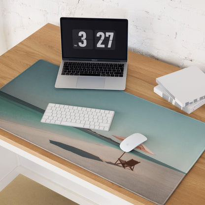 Premium beach scene gaming mouse pad with ocean waves, chair, umbrella