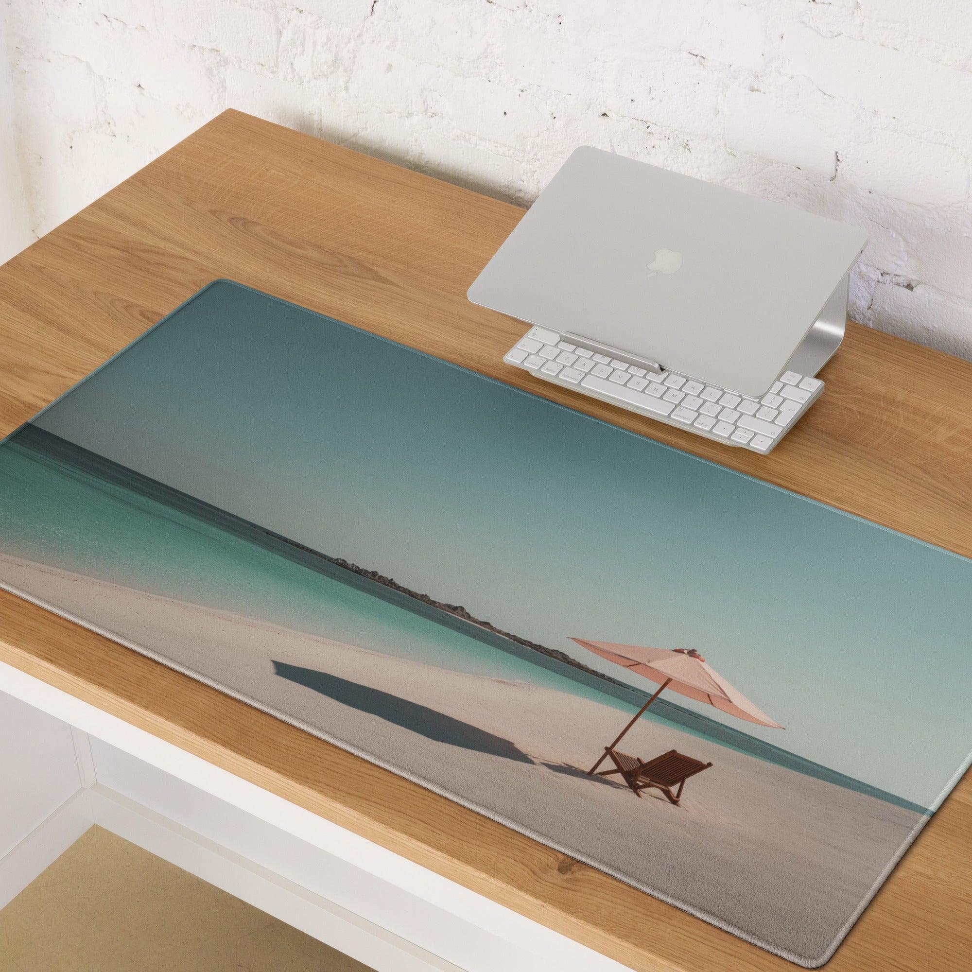 Premium beach scene gaming mouse pad with turquoise ocean, sand, umbrella chair