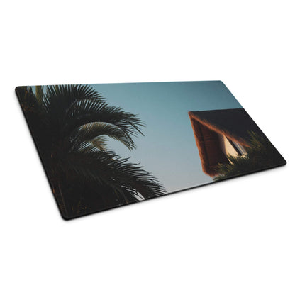 Tropical palm sunset large gaming mouse pad with silhouetted fronds glass cutting board view