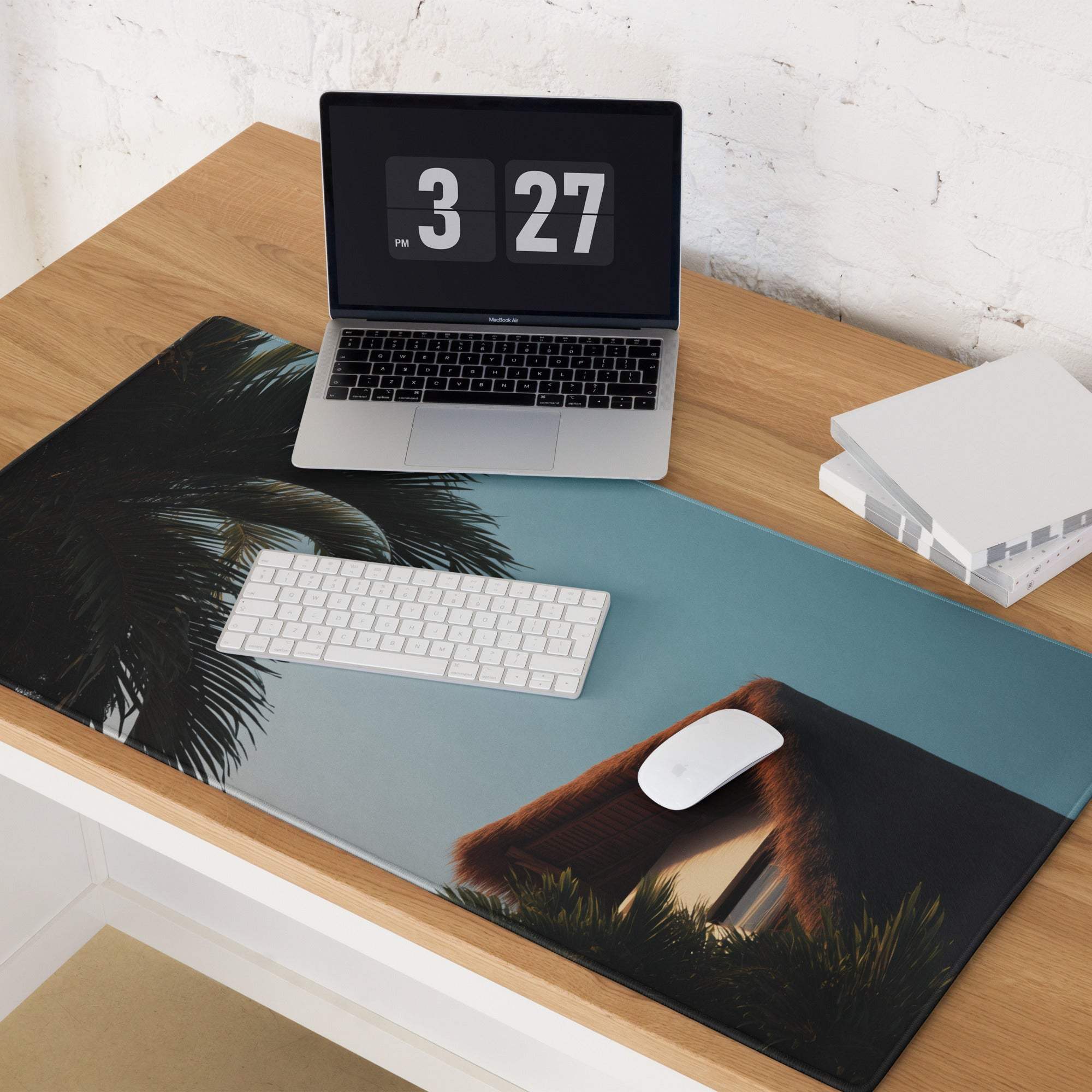 Large tropical palm sunset gaming mouse pad with beach scene, non-slip base