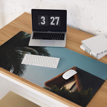 Large tropical palm sunset gaming mouse pad with beach scene, non-slip base