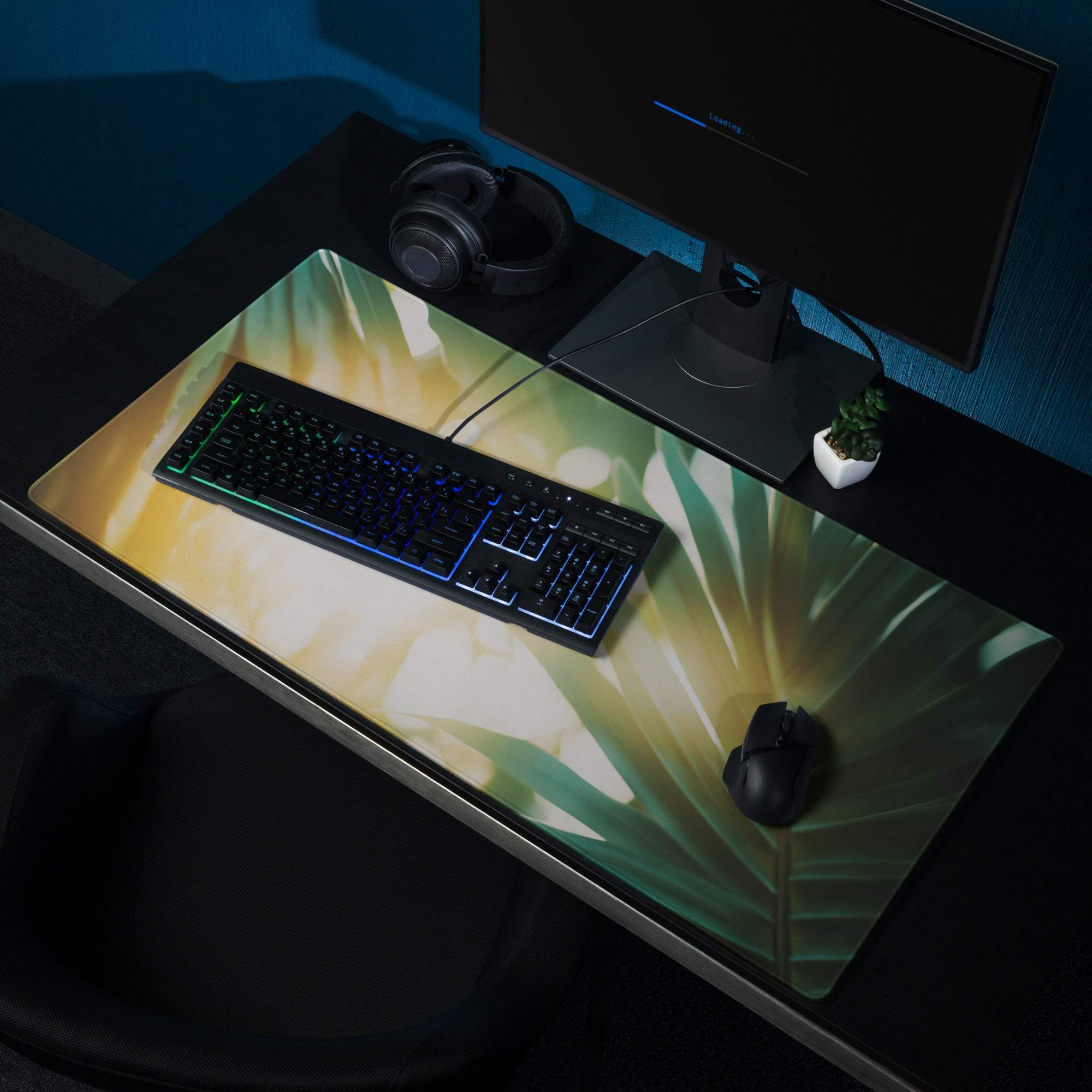 Tropical sunlit palm leaves large gaming mouse pad with non-slip base