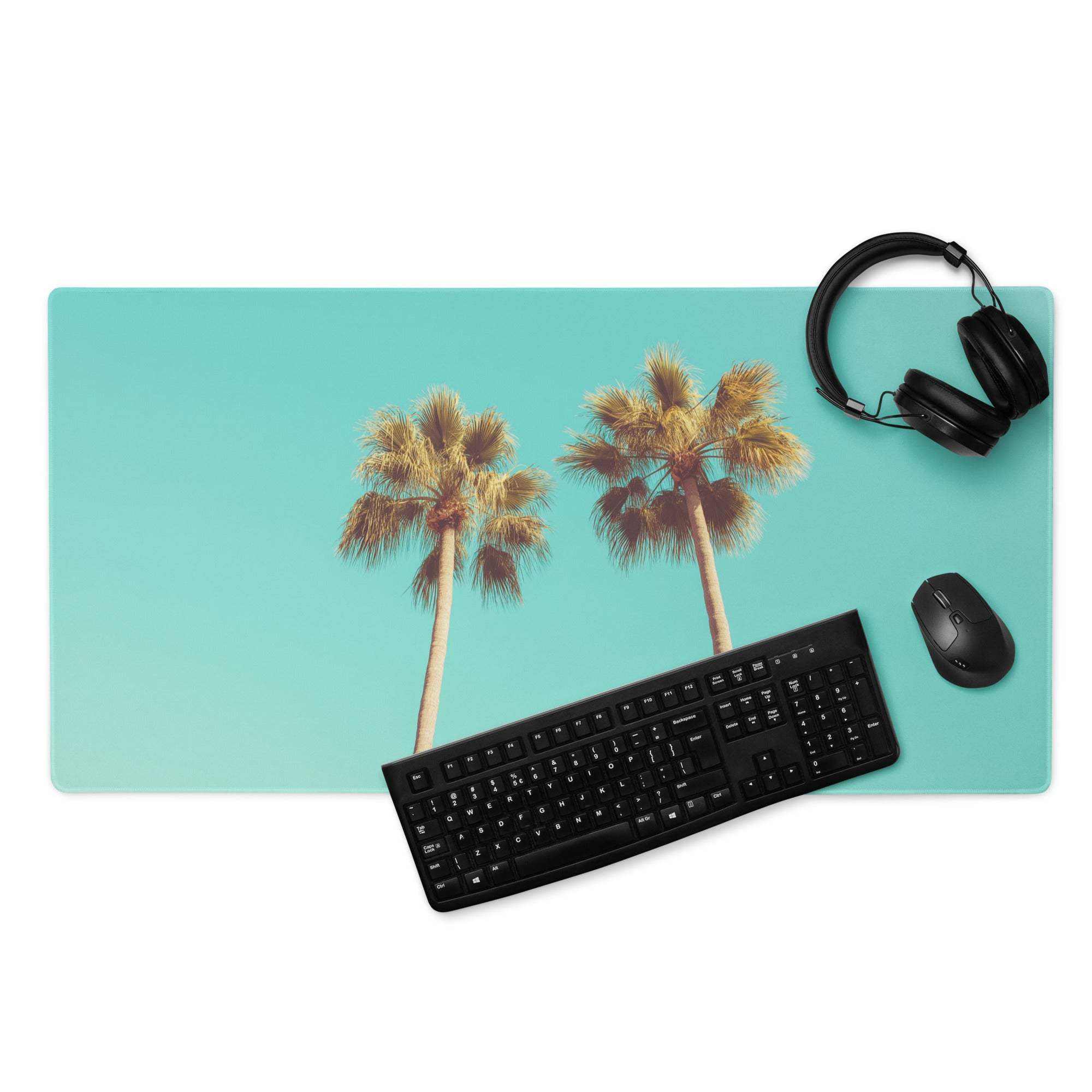 Turquoise tropical palm trees gaming mouse pad with non-slip backing