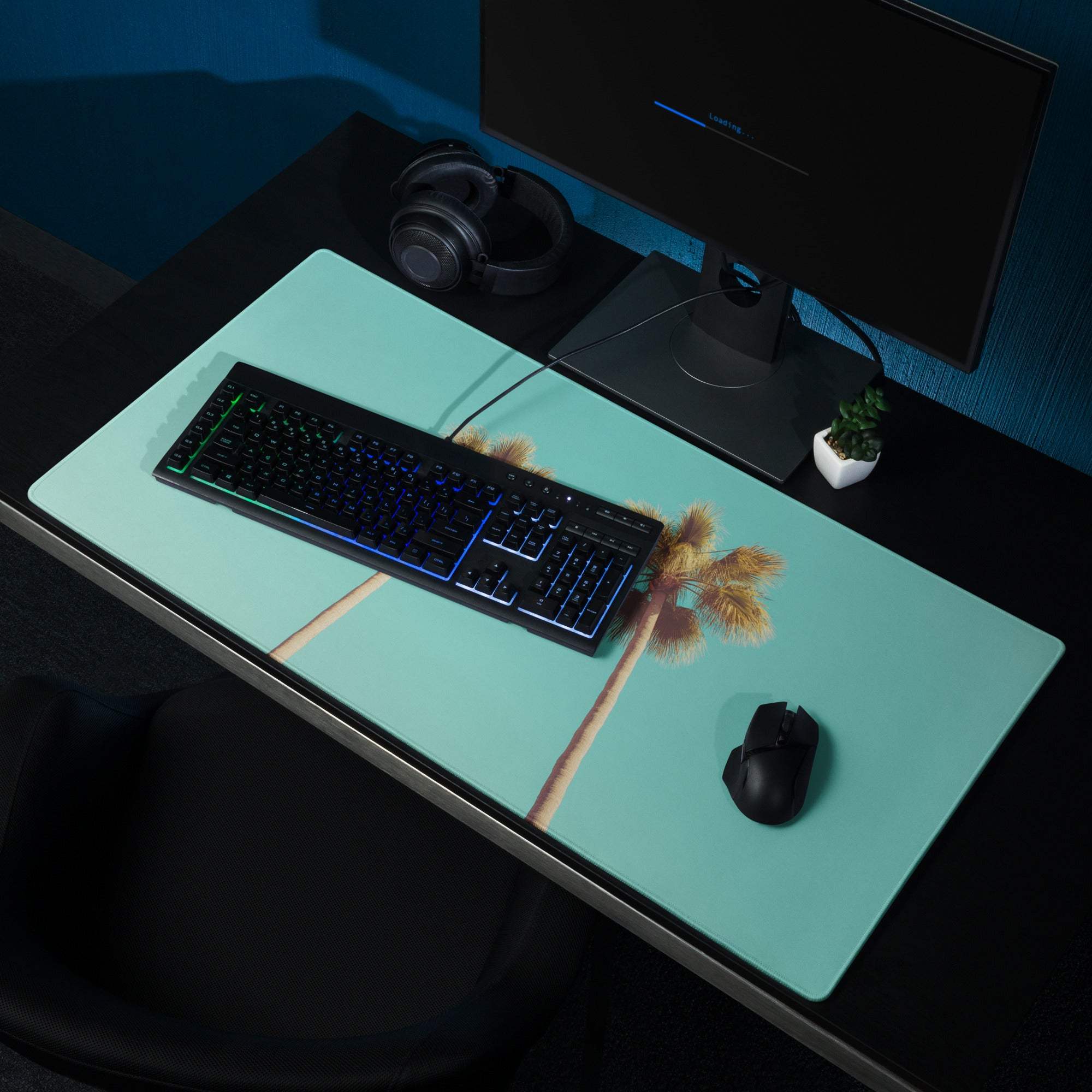Light turquoise tropical palm trees gaming mouse pad with non-slip backing