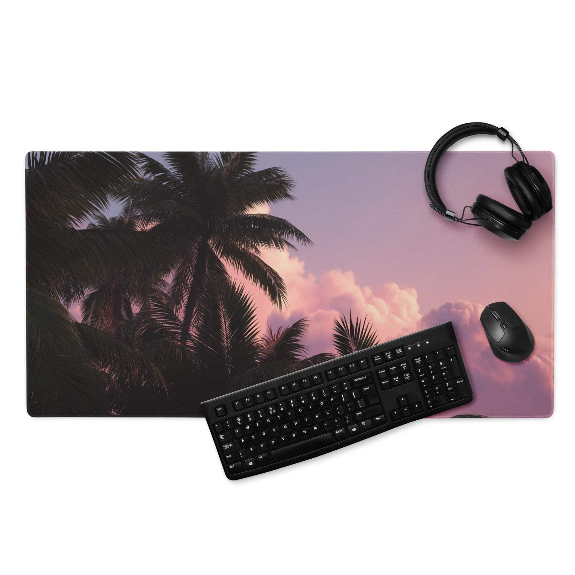 Premium tropical sunset palm gaming mouse pad with non-slip base