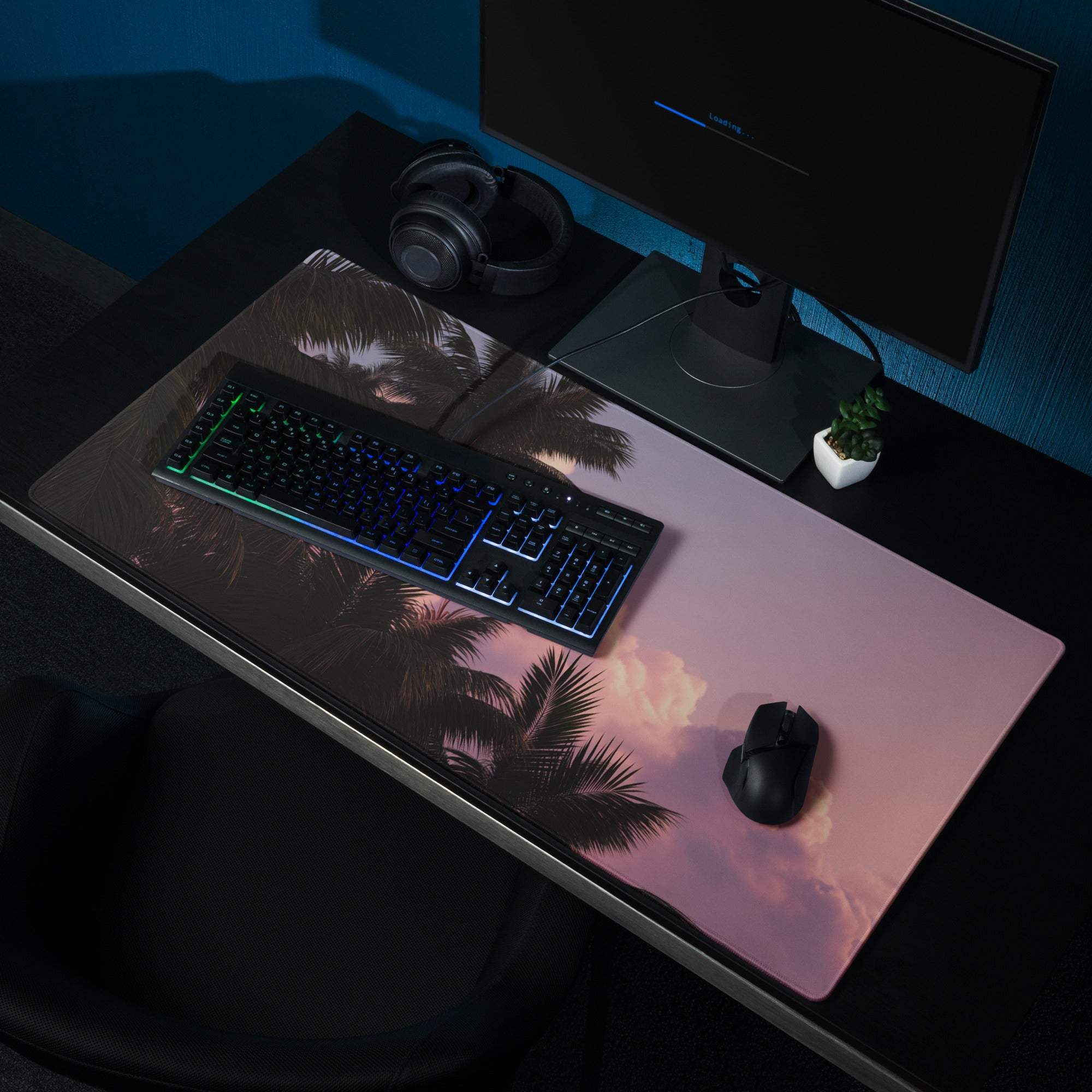 Premium Tropical Sunset Palm gaming mouse pad with pink orange gradient silhouetted trees