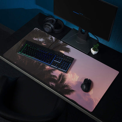 Premium Tropical Sunset Palm gaming mouse pad with pink orange gradient silhouetted trees