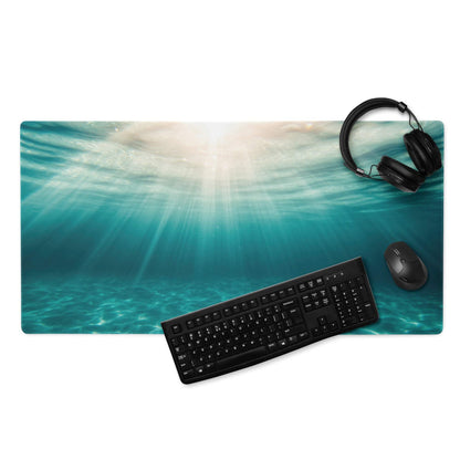 Large underwater ocean scene gaming mouse pad with sunlight rays in turquoise water