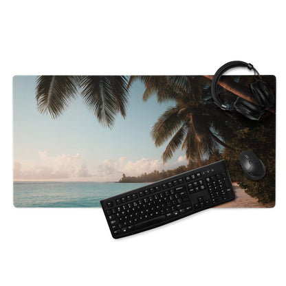Beige teal tropical beach mousepad with palm trees ocean non-slip backing