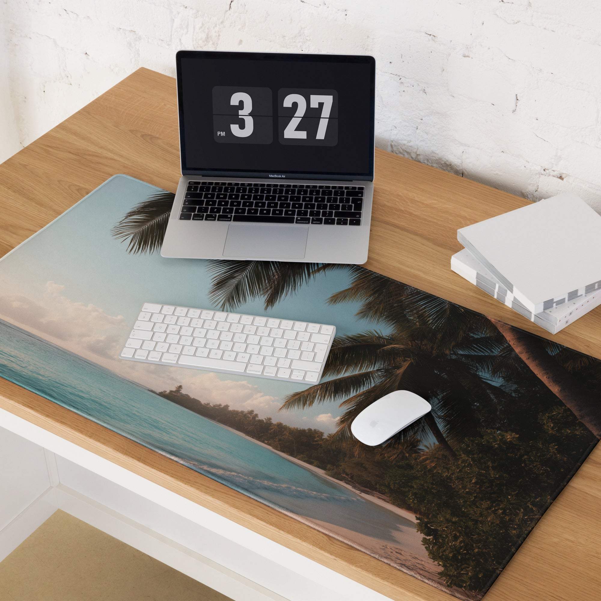 Beige teal tropical beach desk mat gaming mouse pad with non-slip backing