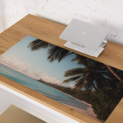 Beige and blue tropical beach desk mat with non-slip backing and stitching
