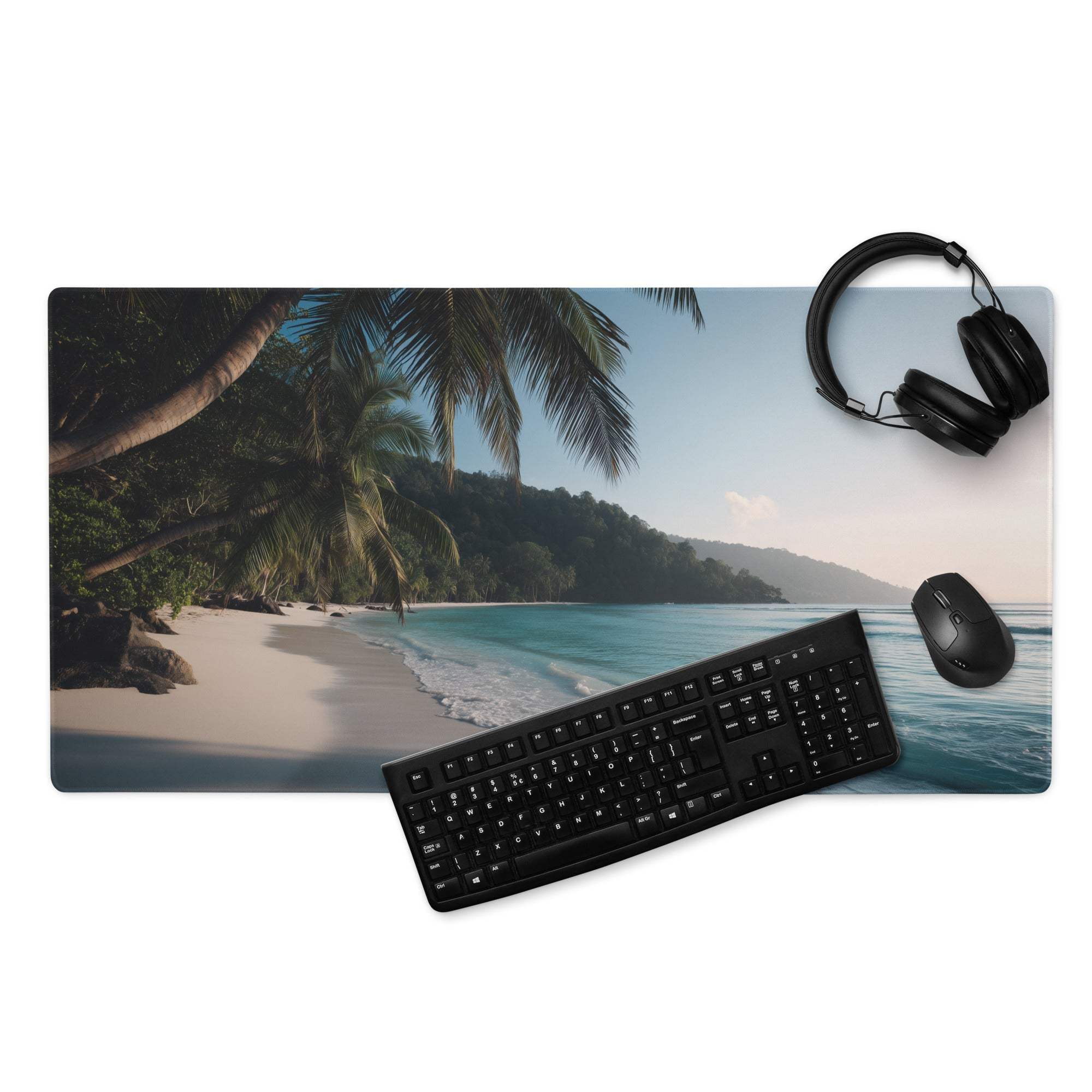 Vibrant tropical beach mouse pad with palm trees, turquoise water, non-slip base