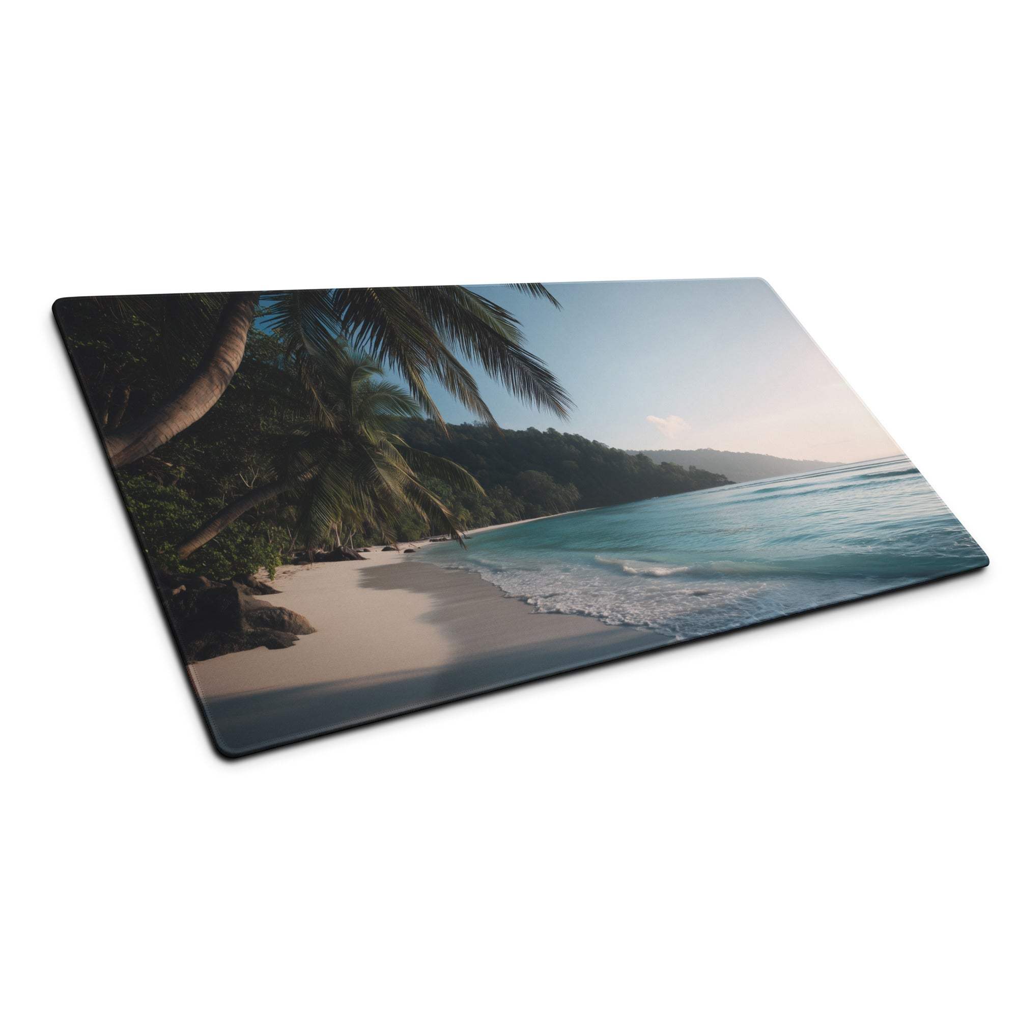 Vibrant tropical beach mouse pad with palm trees, turquoise water, non-slip base