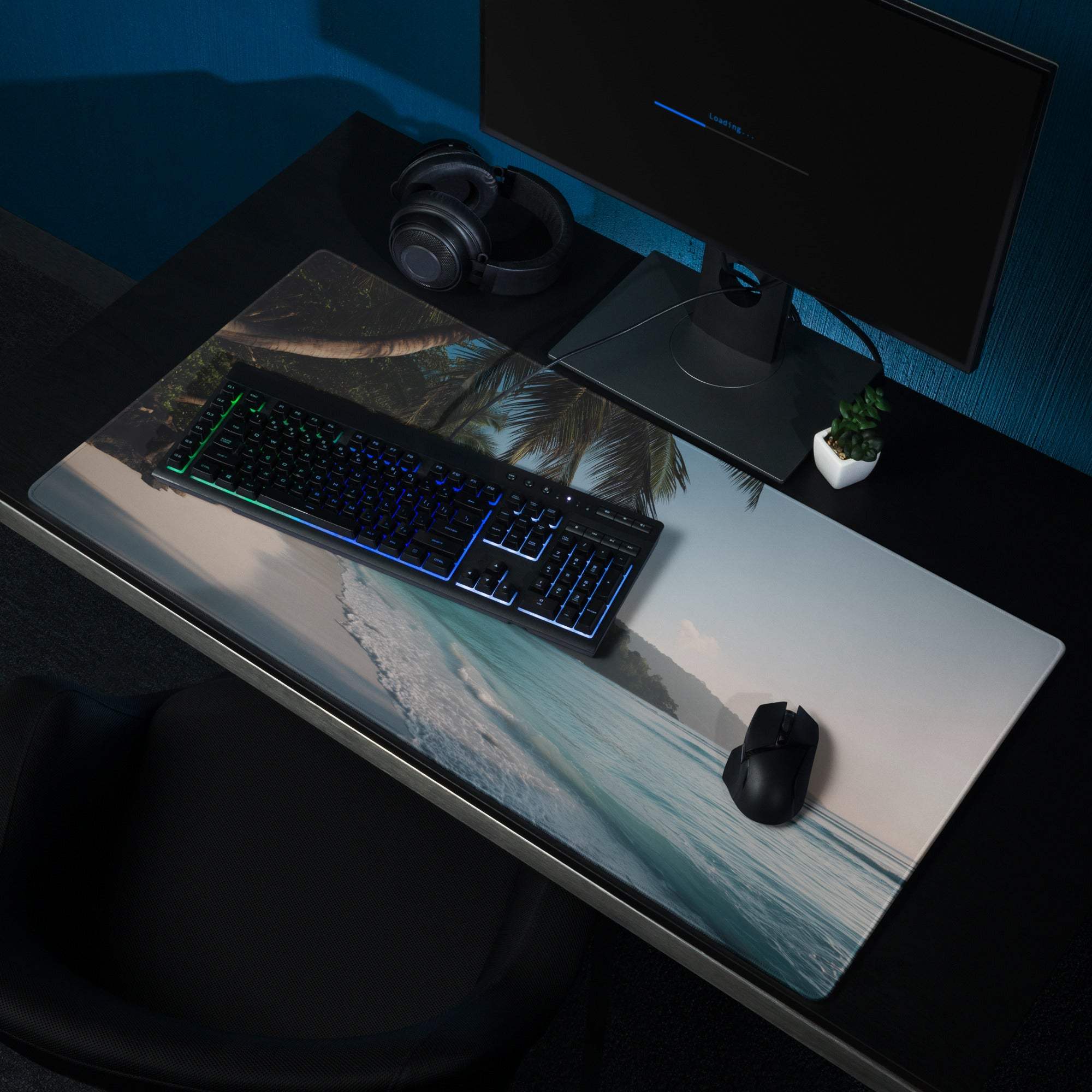 Vibrant tropical beach gaming mouse pad with non-slip base, large smooth size
