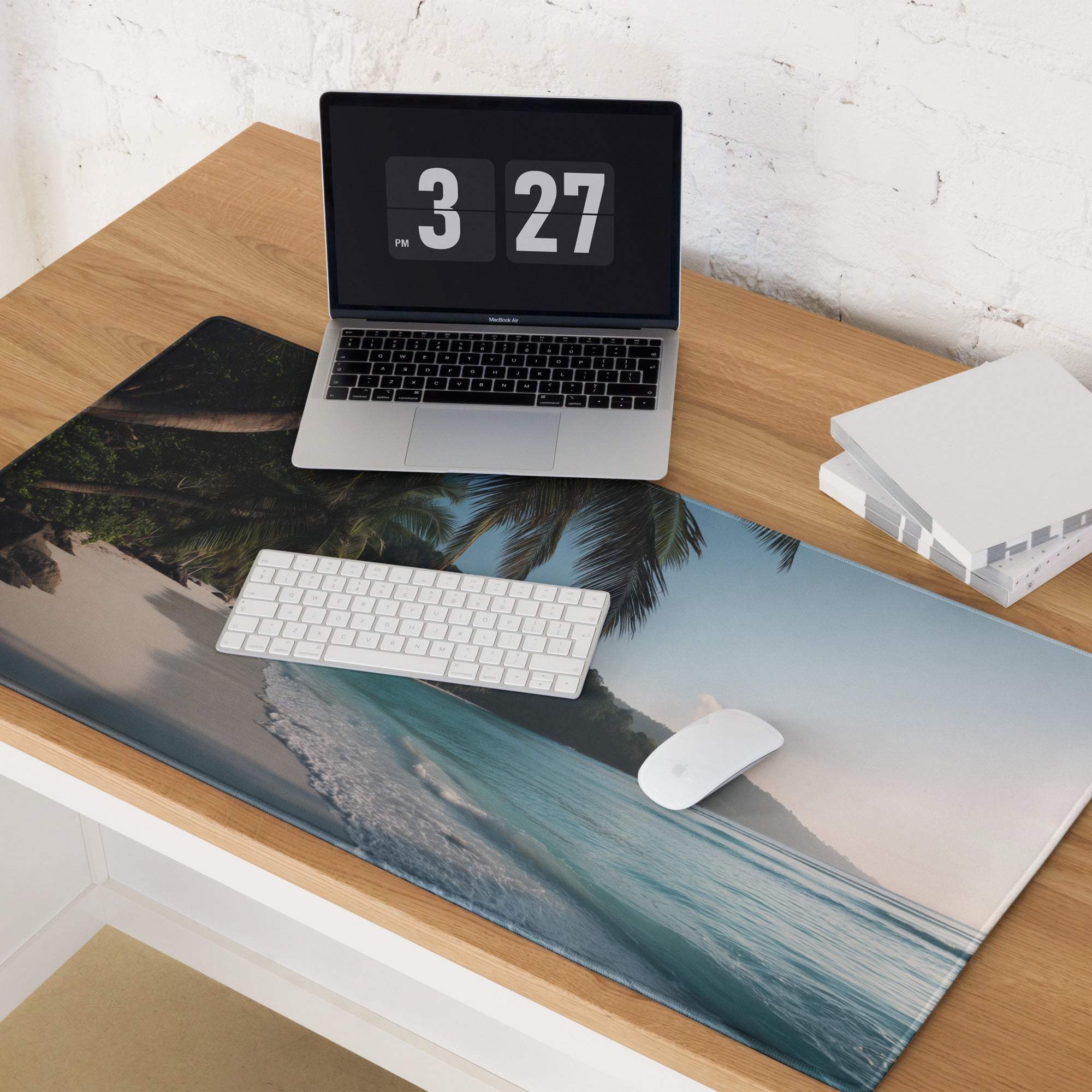 Vibrant tropical beach gaming mouse pad with non-slip base, large size
