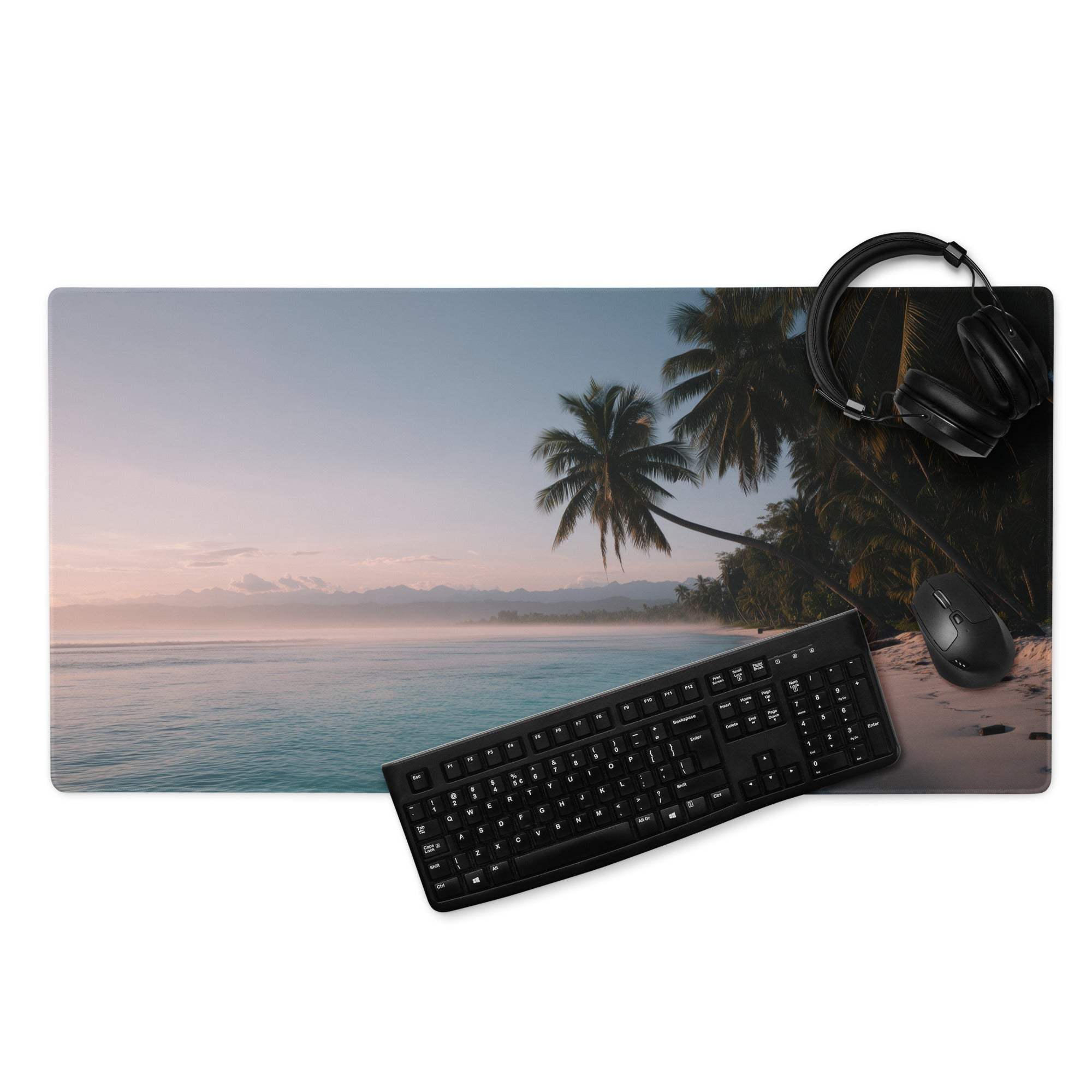 Large tropical beach gaming mouse pad with palm trees, turquoise water, pink sunrise sky, non-slip base, stitched edges