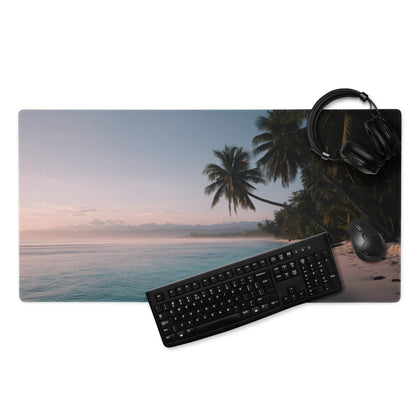 Large tropical beach gaming mouse pad with palm trees, turquoise water, pink sunrise sky, non-slip base, stitched edges