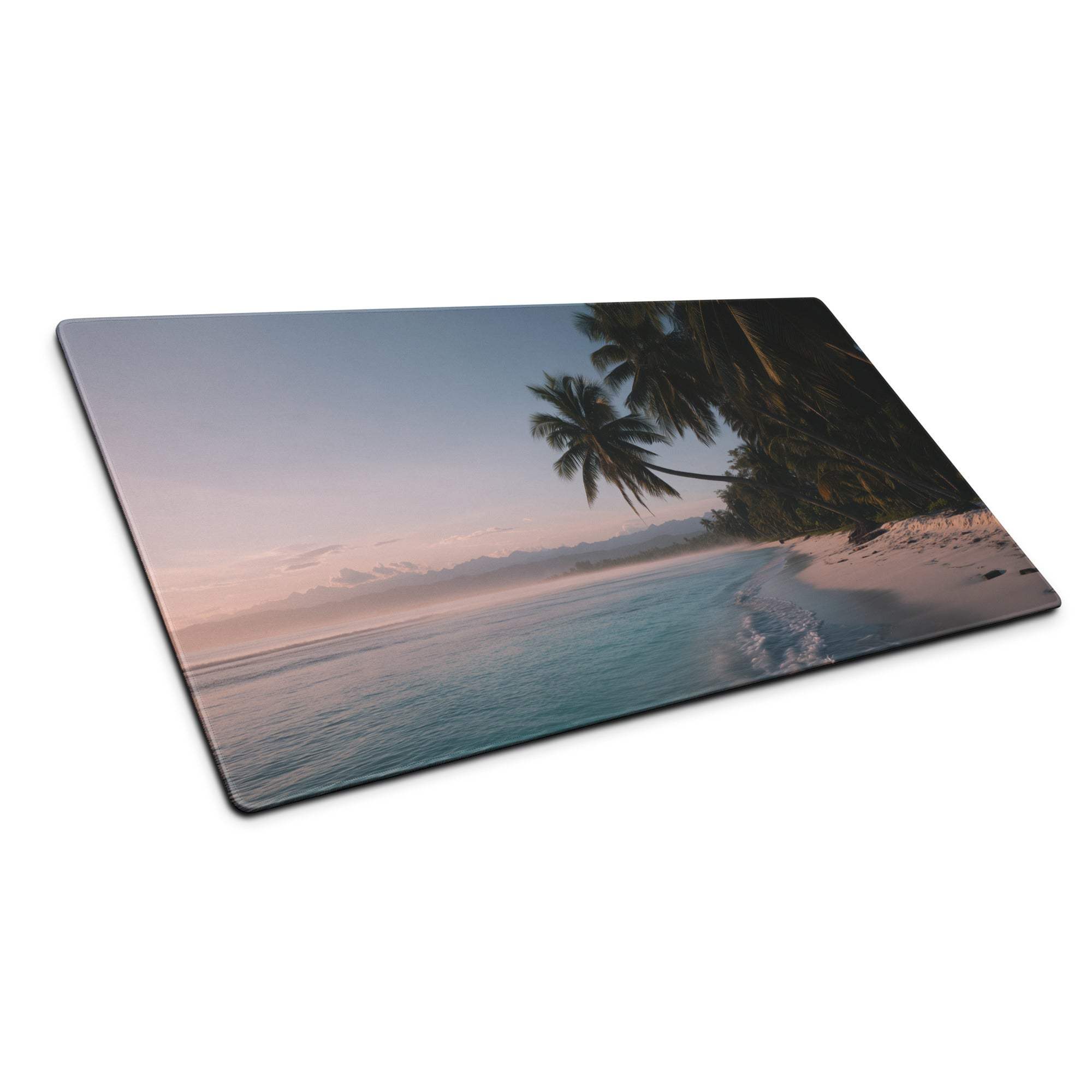 Large tropical beach gaming mouse pad with palm trees sunset scene