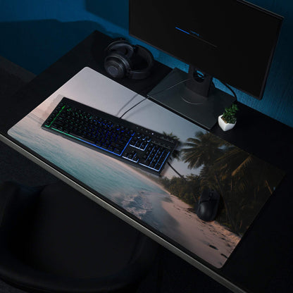 Large beige black tropical beach mouse pad with palm trees waves non-slip base