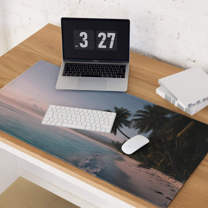 Beige gray tropical beach laptop desk mat with palm trees ocean non-slip base
