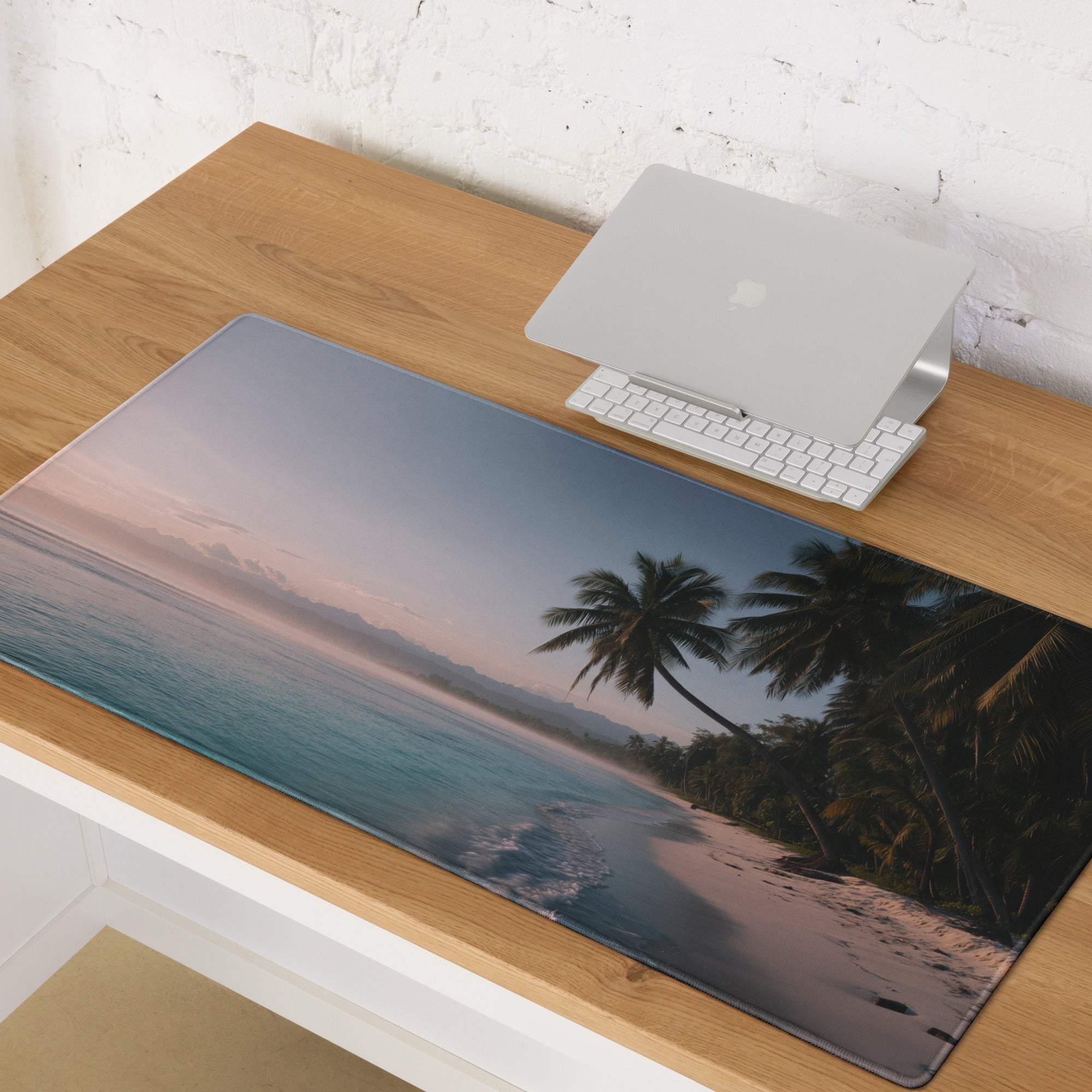 Large tropical beach gaming mouse pad with beige blue scene, non-slip base