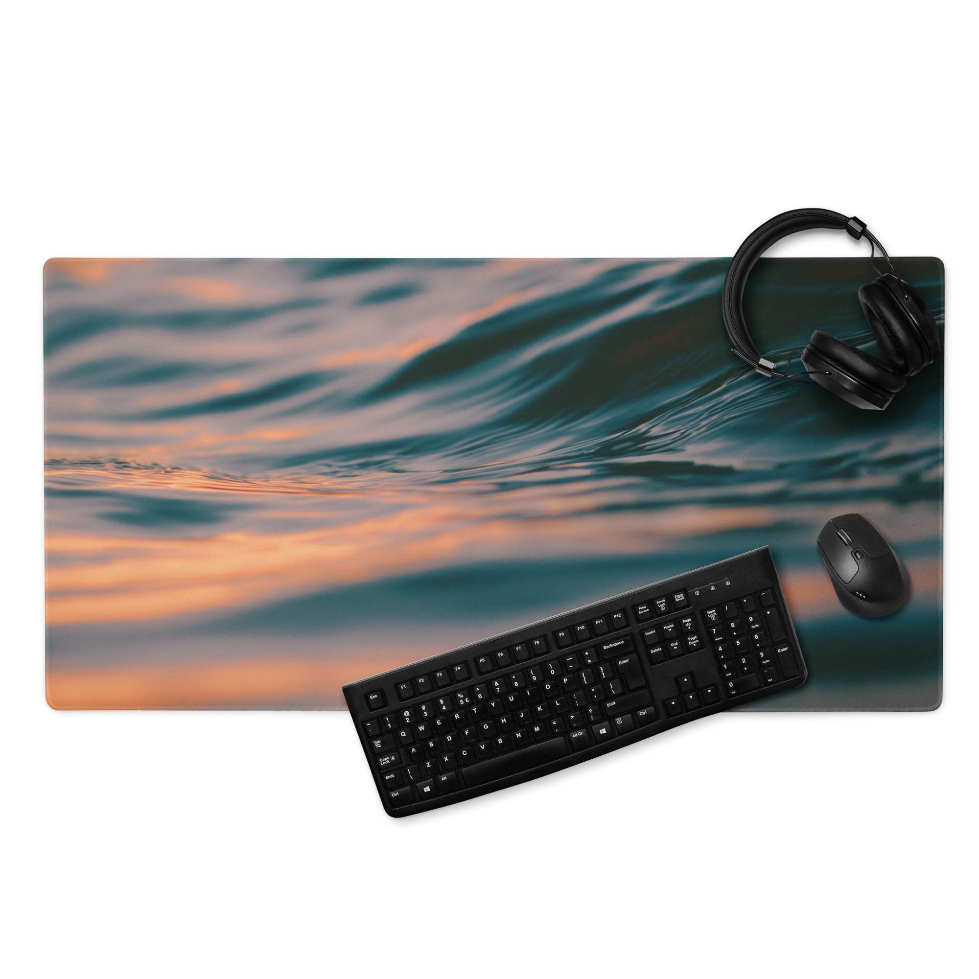 Premium Ocean Sunset large gaming mouse pad with vivid teal orange wave design
