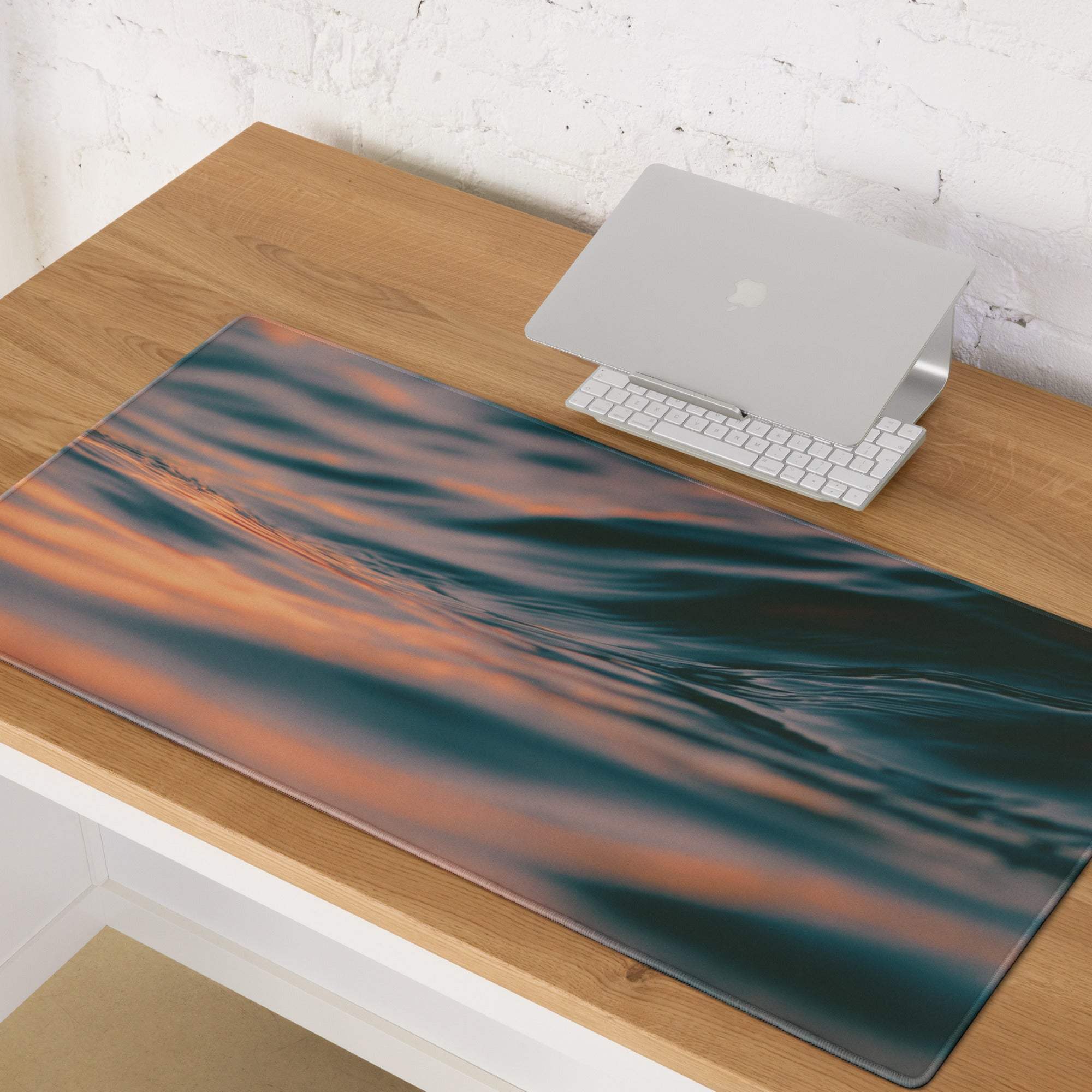 Premium Ocean Sunset large gaming mouse pad with teal orange wave design