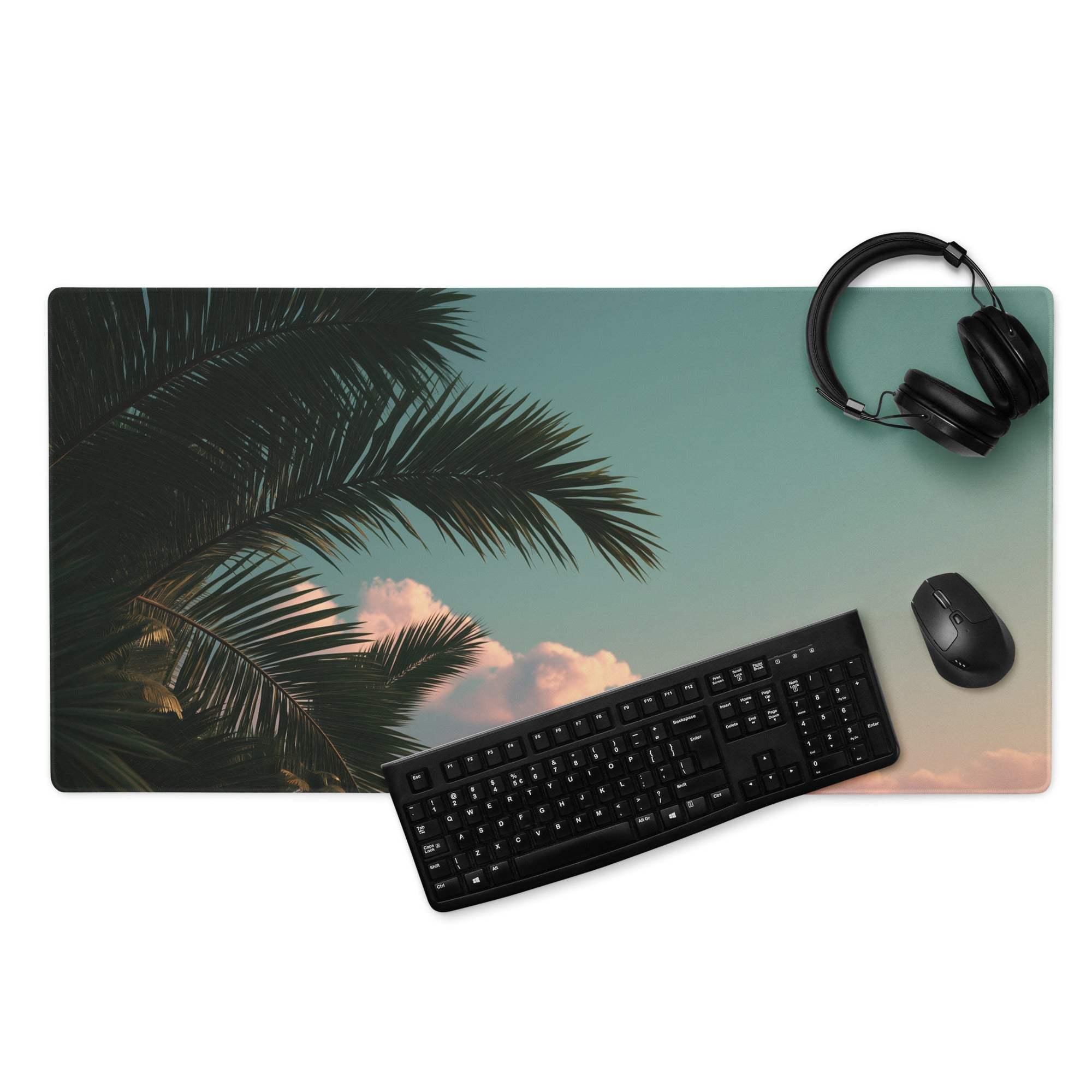 Tropical sunset palm leaves large gaming mouse pad with teal-pink gradient sky