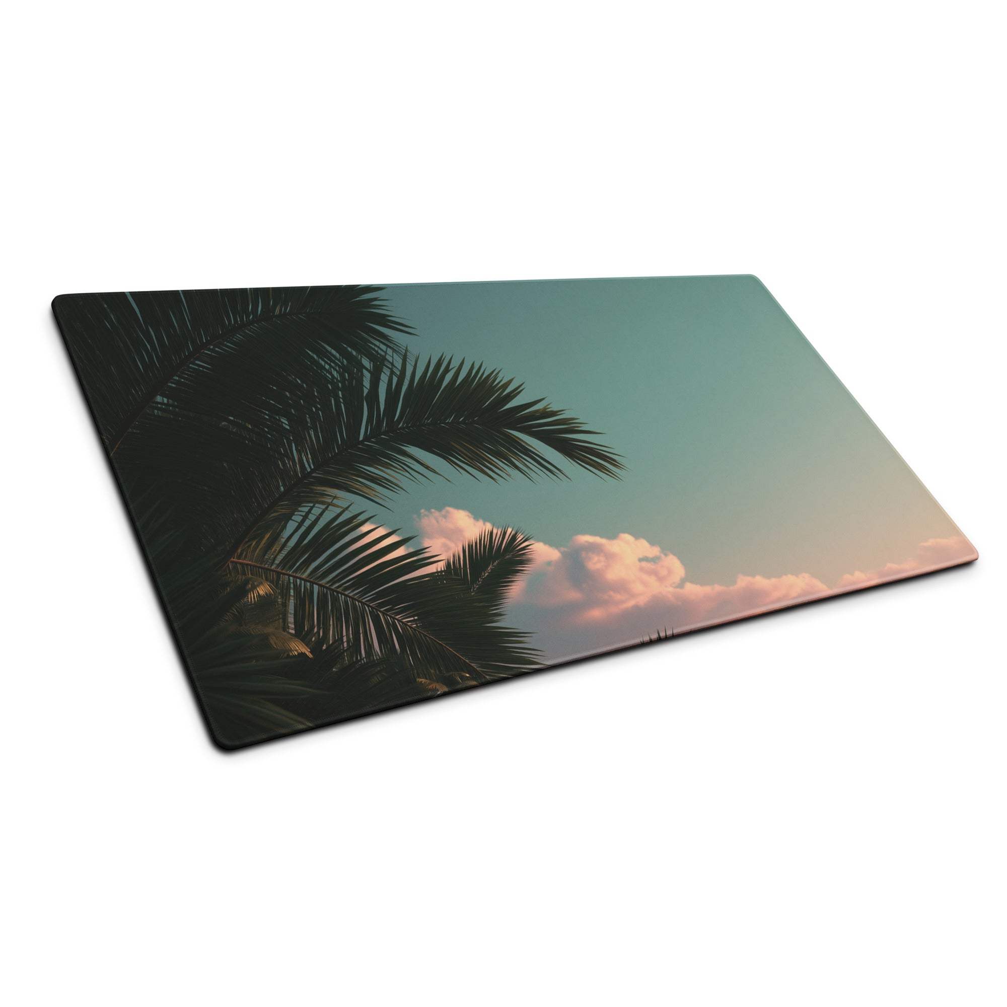 Tropical sunset palm leaves rectangular glass cutting board, teal sky