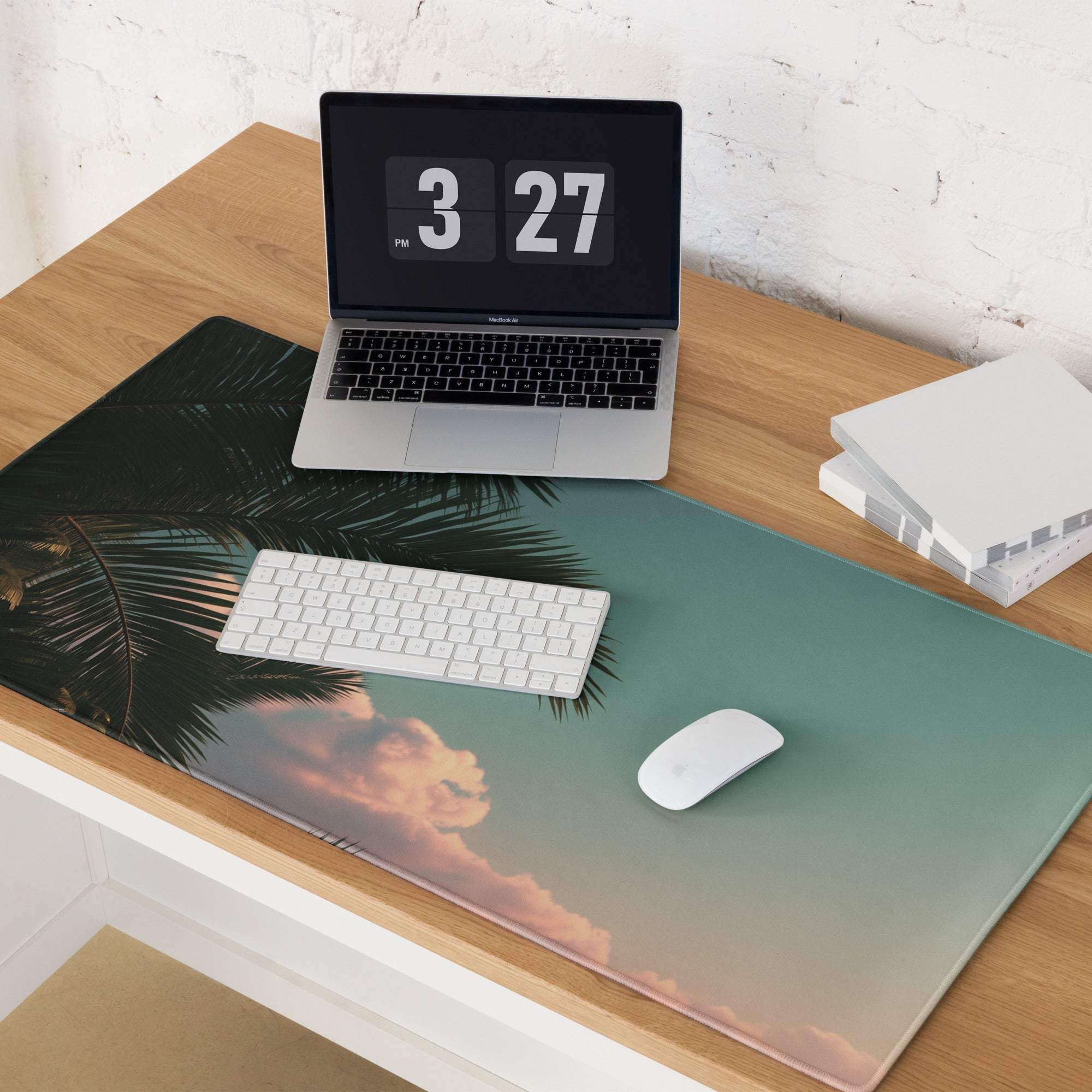 Tropical sunset palm silhouette desk mat with teal-to-pink gradient sky
