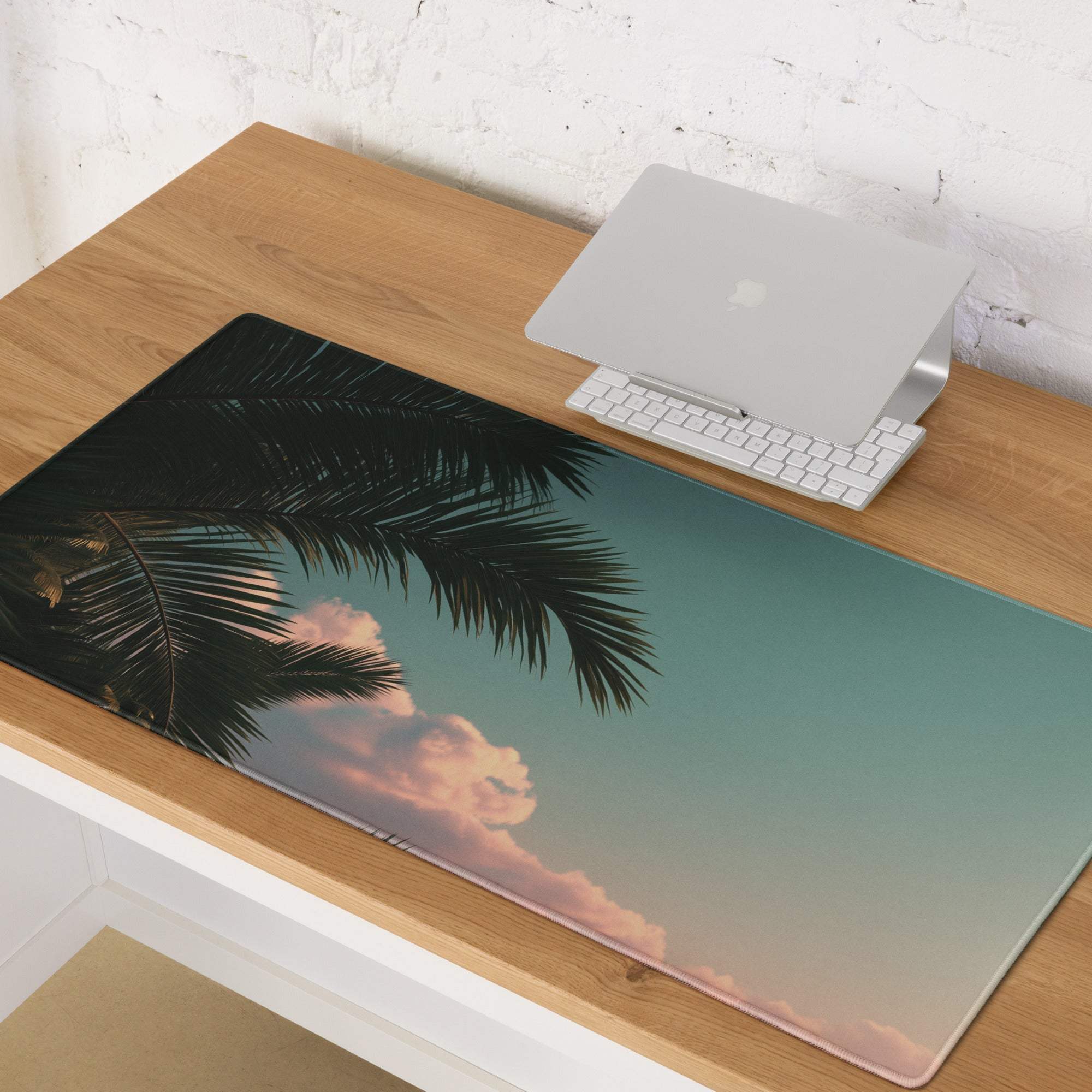 Tropical sunset palm leaves gaming mouse pad with non-slip base