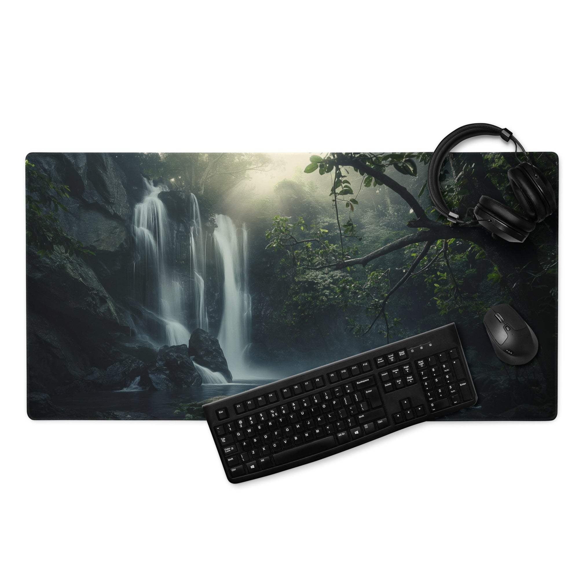 Nature inspired waterfall scene misty forest gaming mouse pad