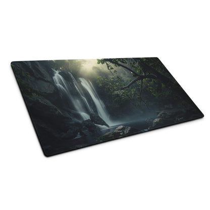 Rectangular dark waterfall scene cutting board with misty forest light