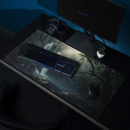 Dark glossy large gaming mouse pad with misty forest waterfall scene