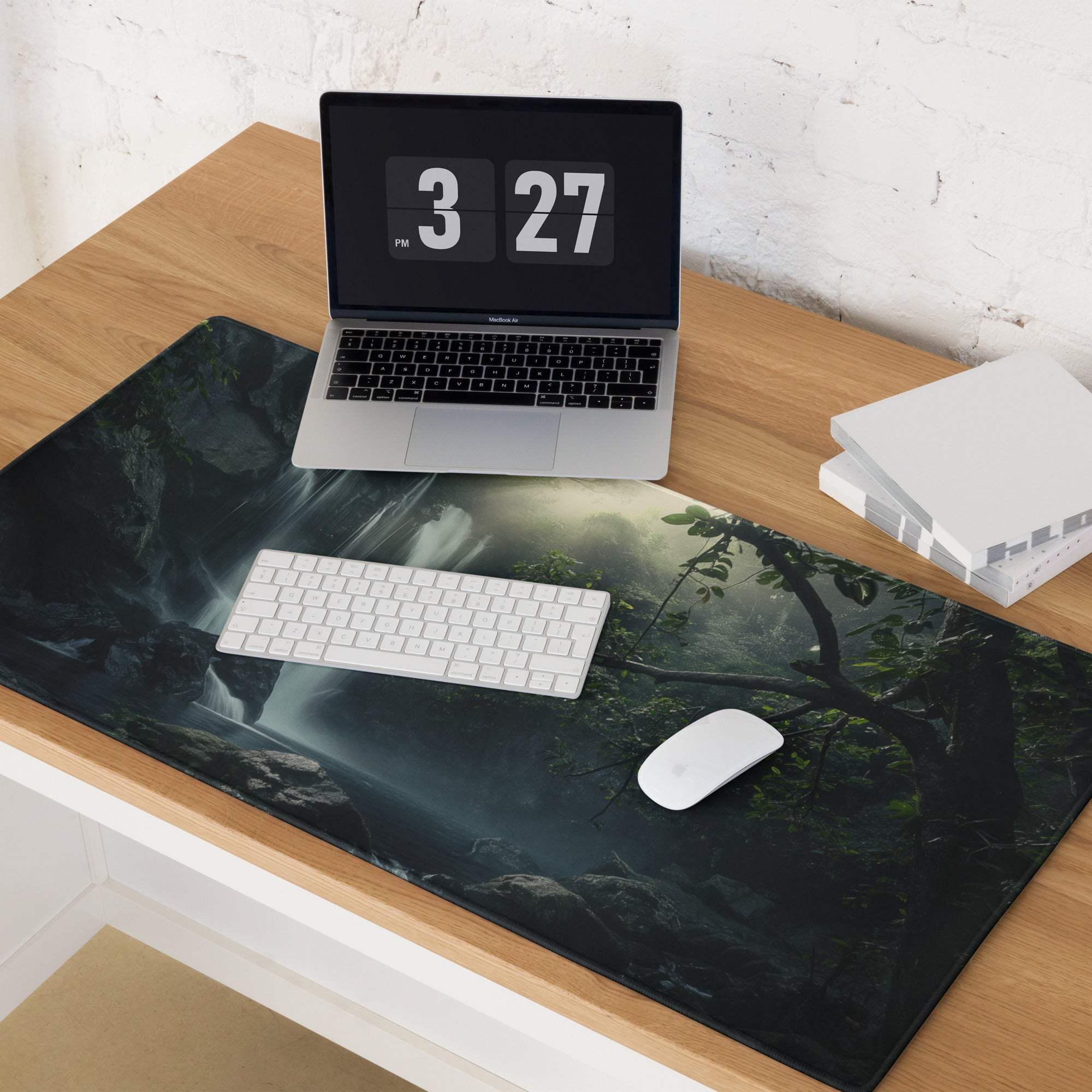 Nature inspired misty forest waterfall gaming mouse pad, dark green black hues