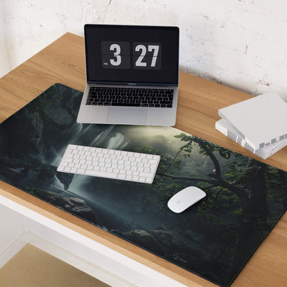 Nature inspired misty forest waterfall gaming mouse pad, dark green black hues