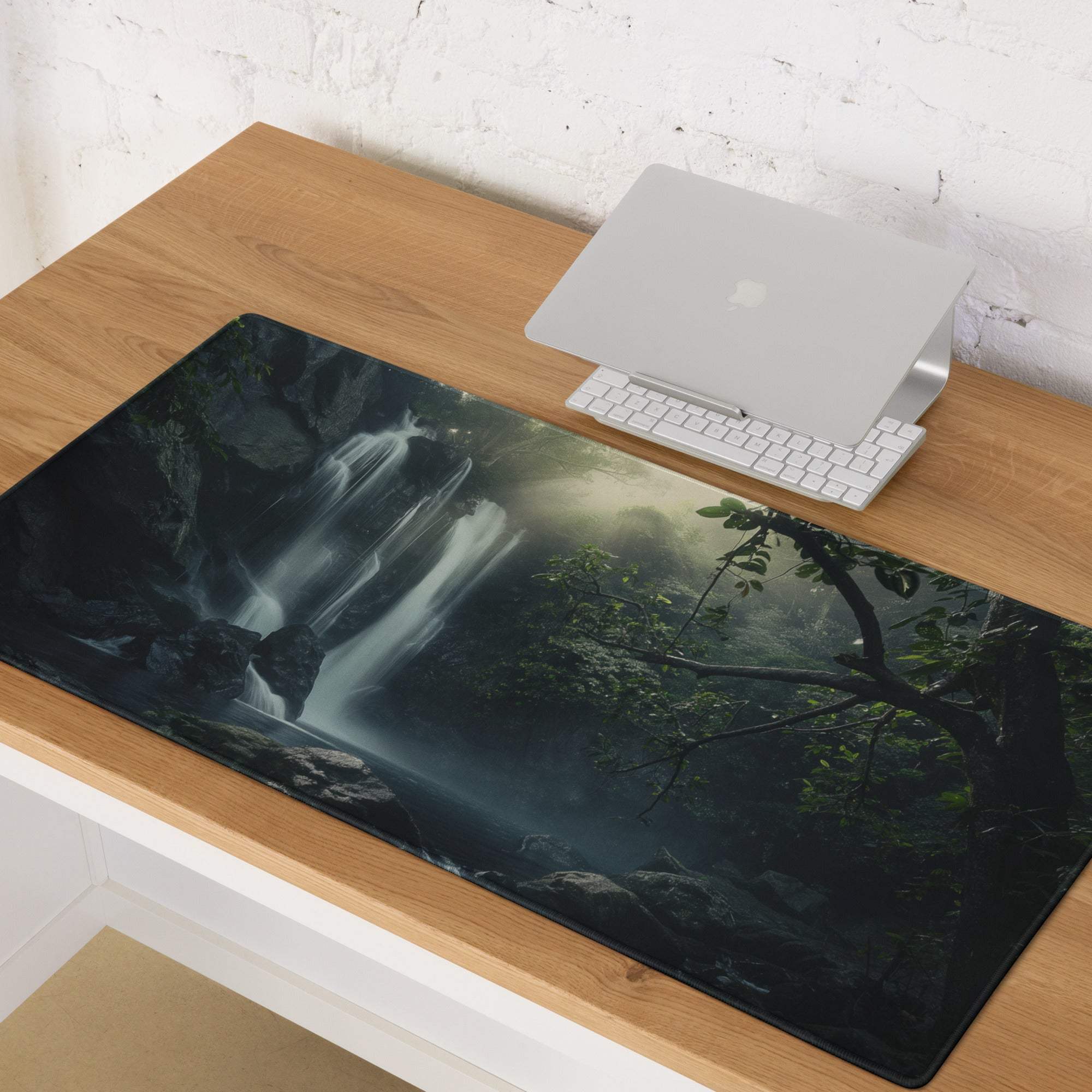 Nature inspired misty waterfall gaming mouse pad with non-slip base