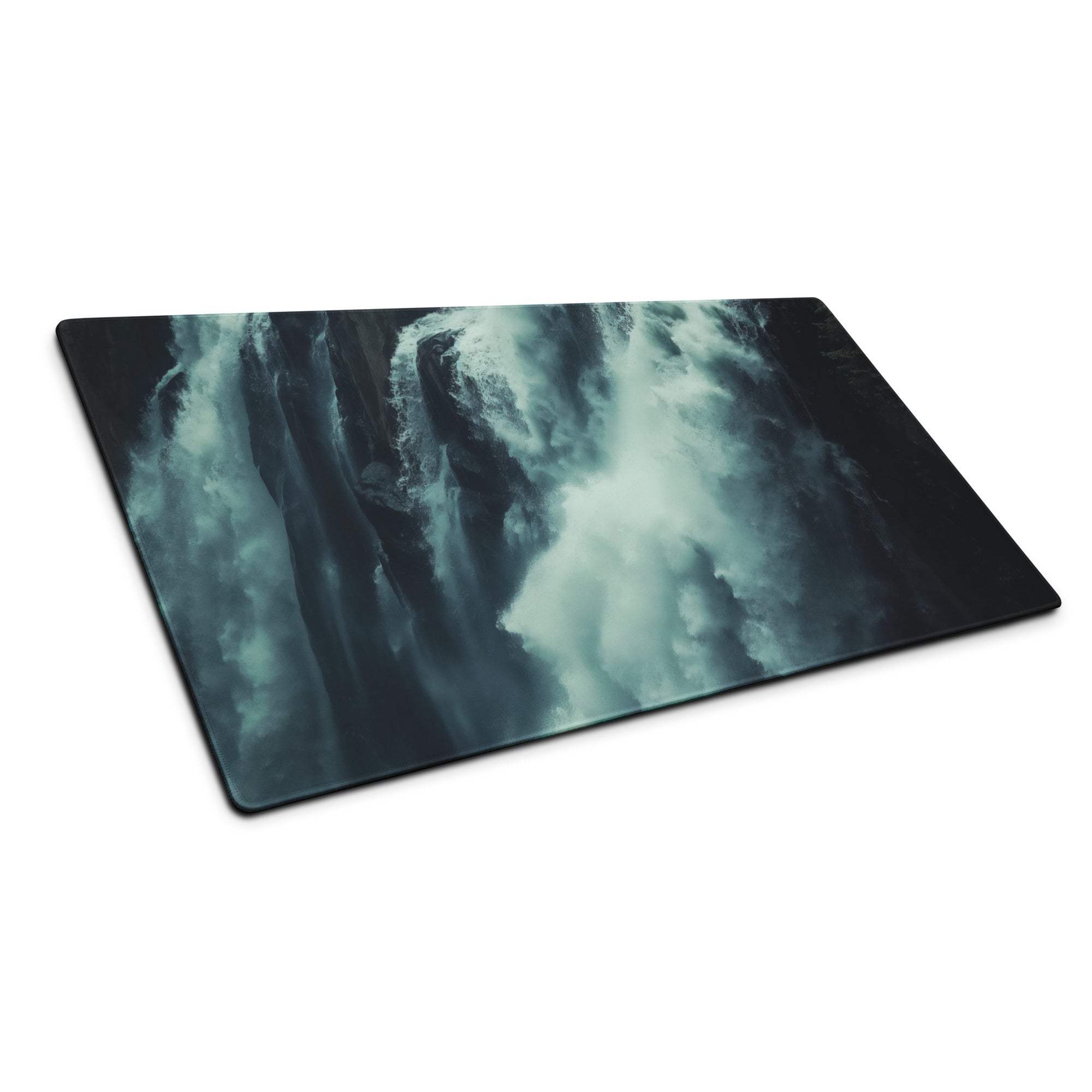 Rectangular teal black swirling waterfall cutting board design on large non-slip gaming mouse pad
