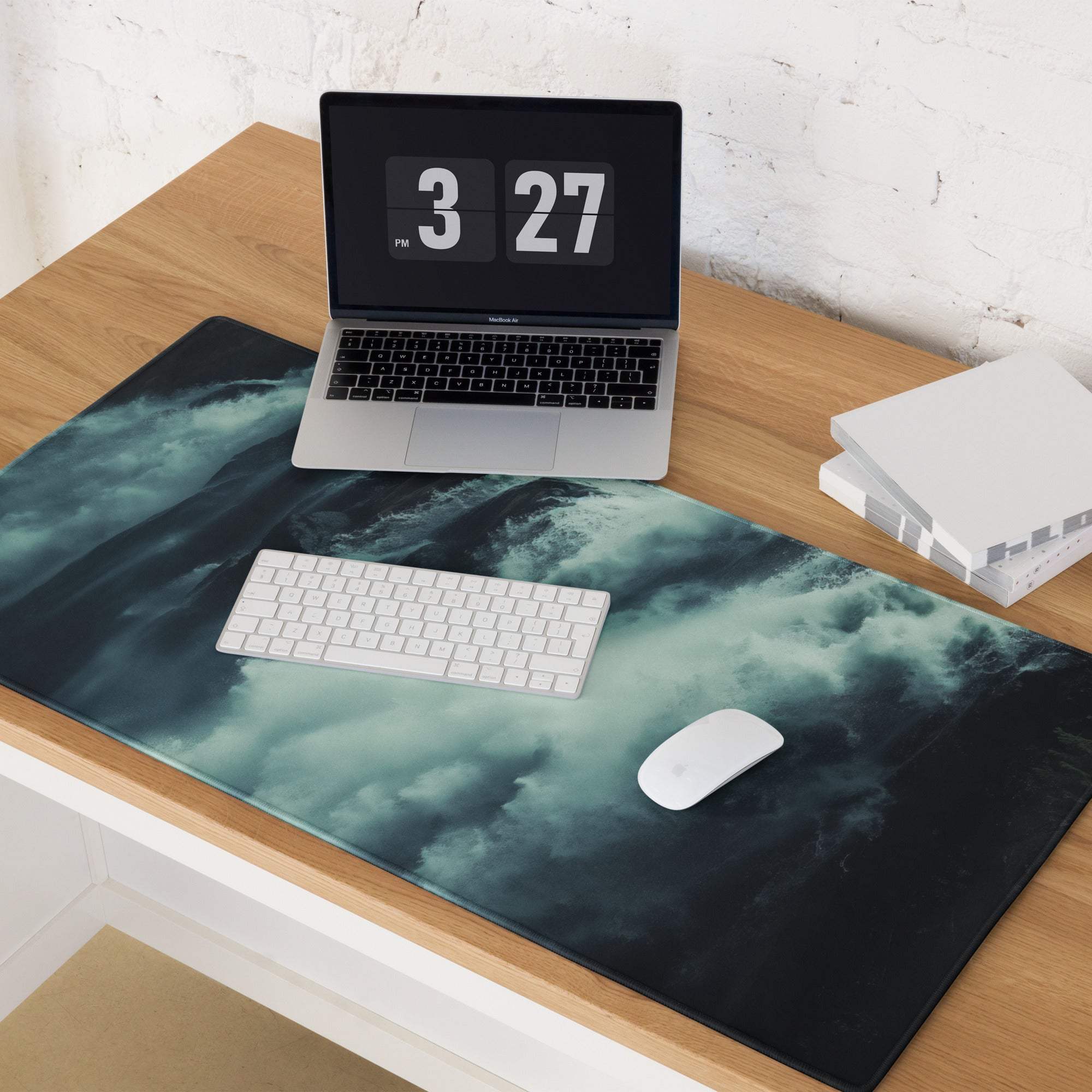 Large moody teal ocean wave gaming mouse pad, non-slip premium desk mat