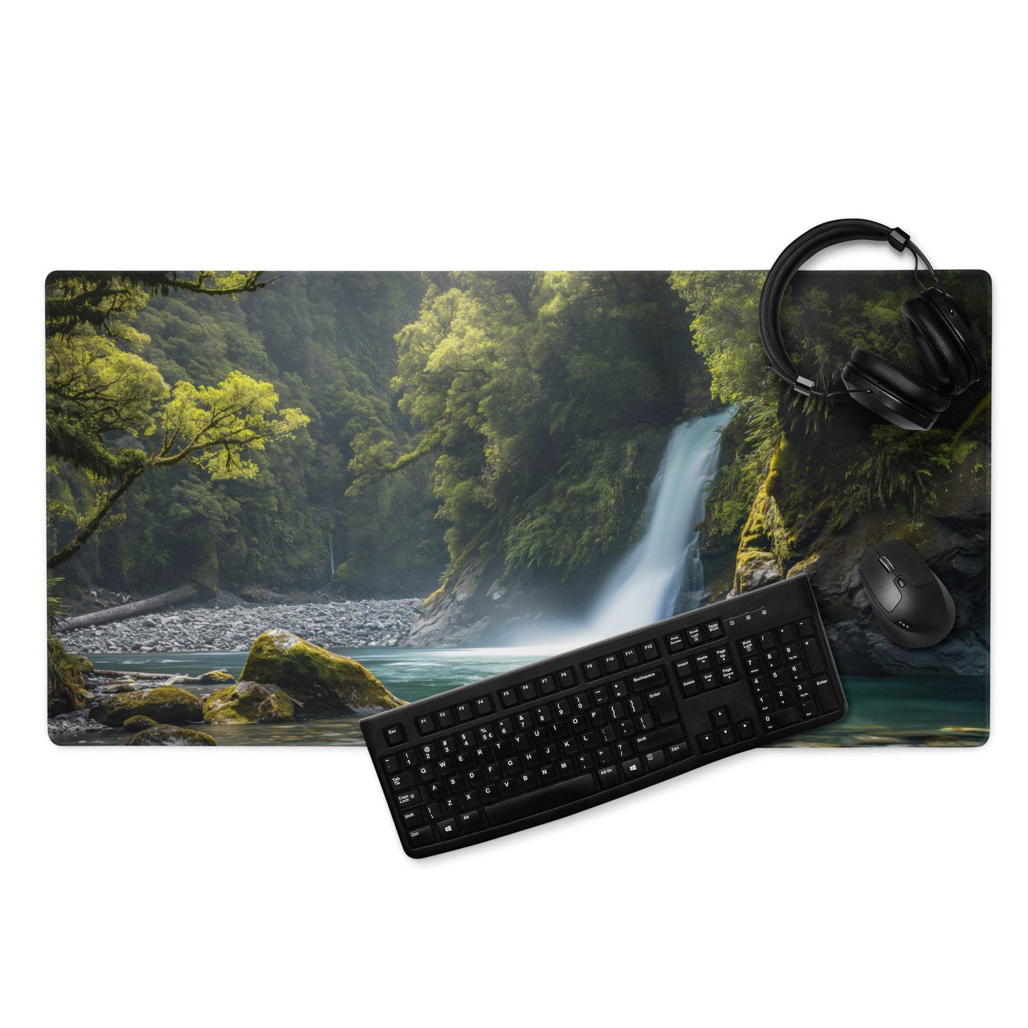 Zen Forest Waterfall large gaming mouse pad with black keyboard and mouse