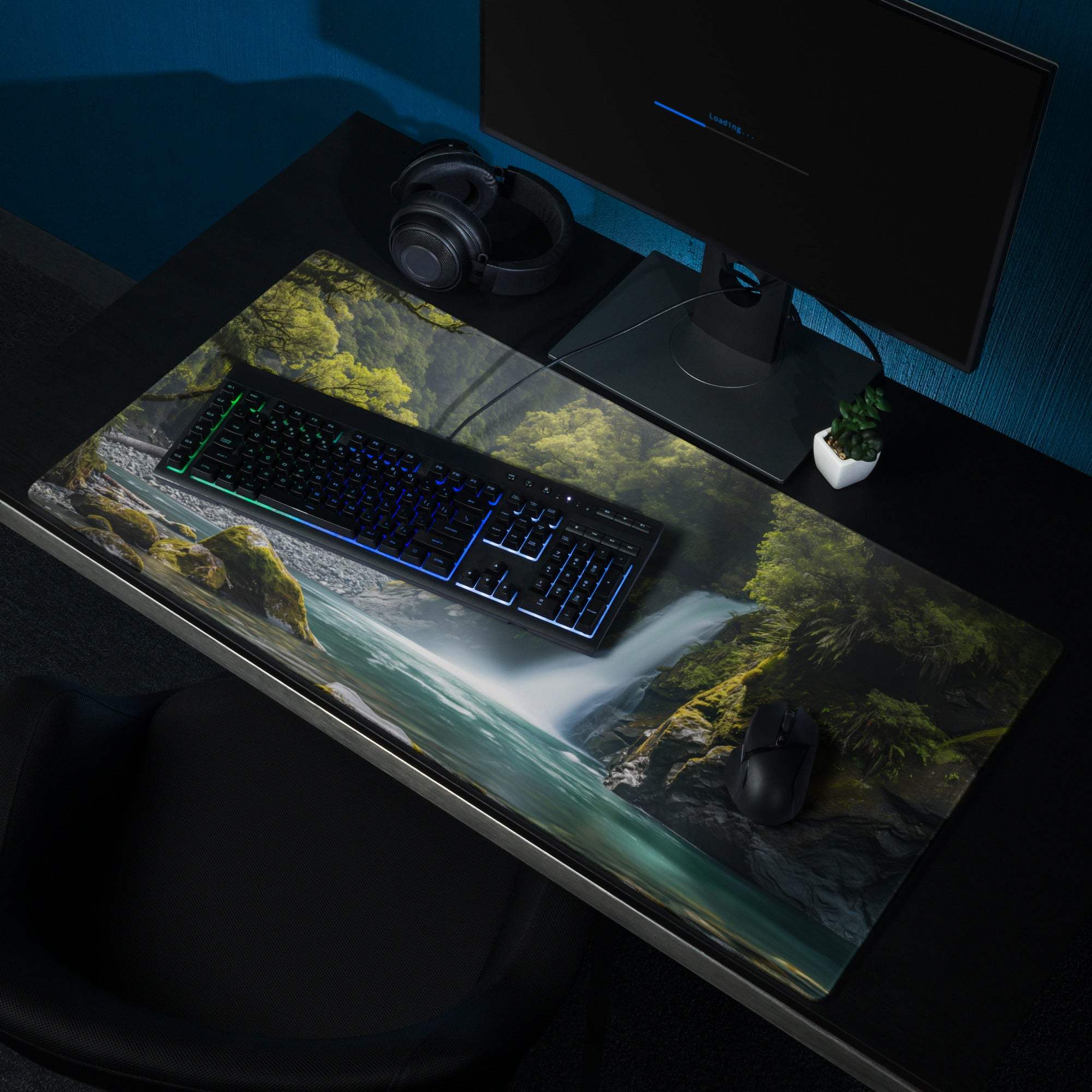 Zen Forest Waterfall large gaming mouse pad with mossy cascade print