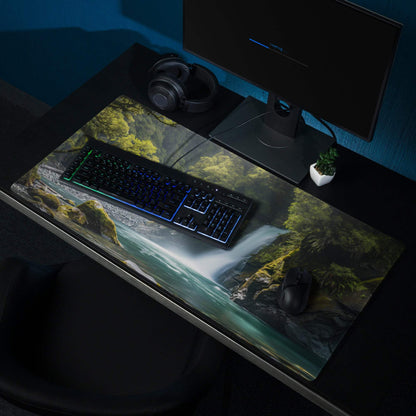 Zen Forest Waterfall large gaming mouse pad with mossy cascade print