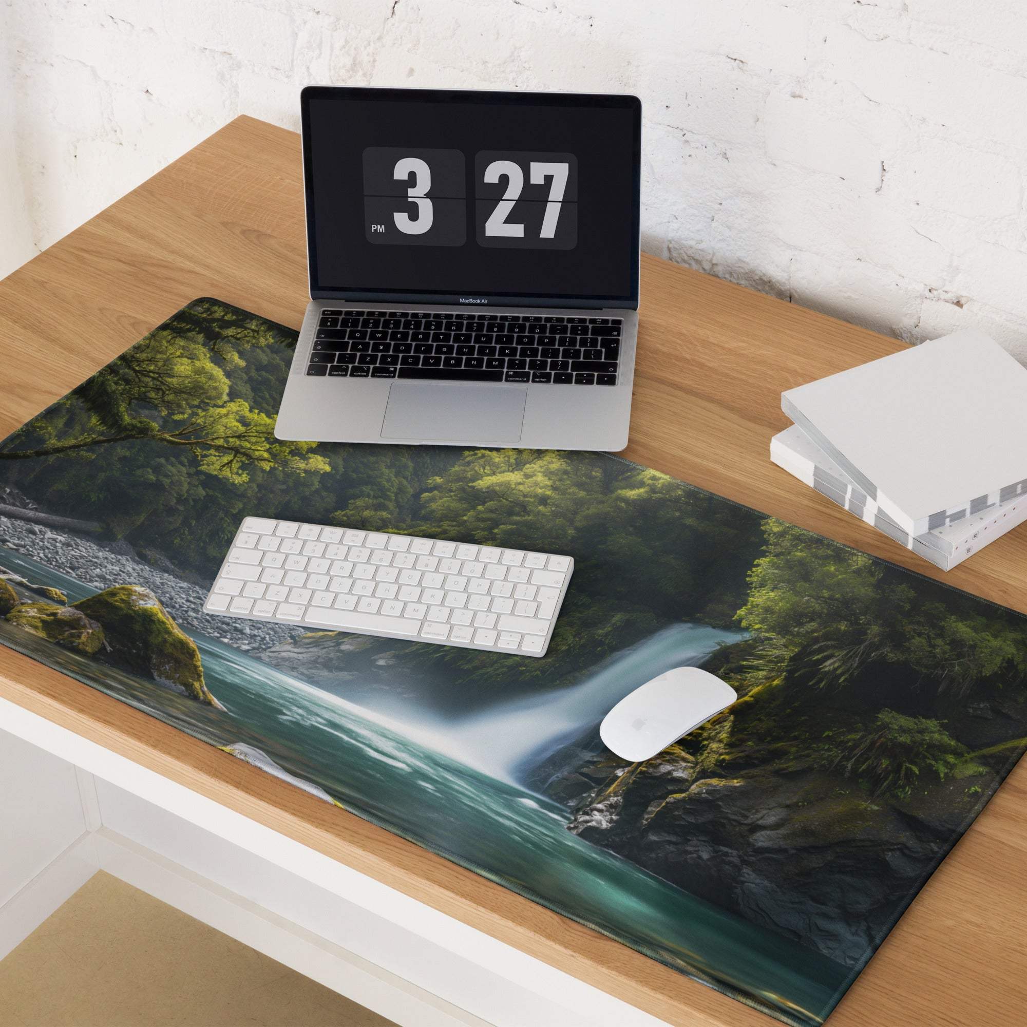 Zen Forest Waterfall large gaming mouse pad with lush green forest print