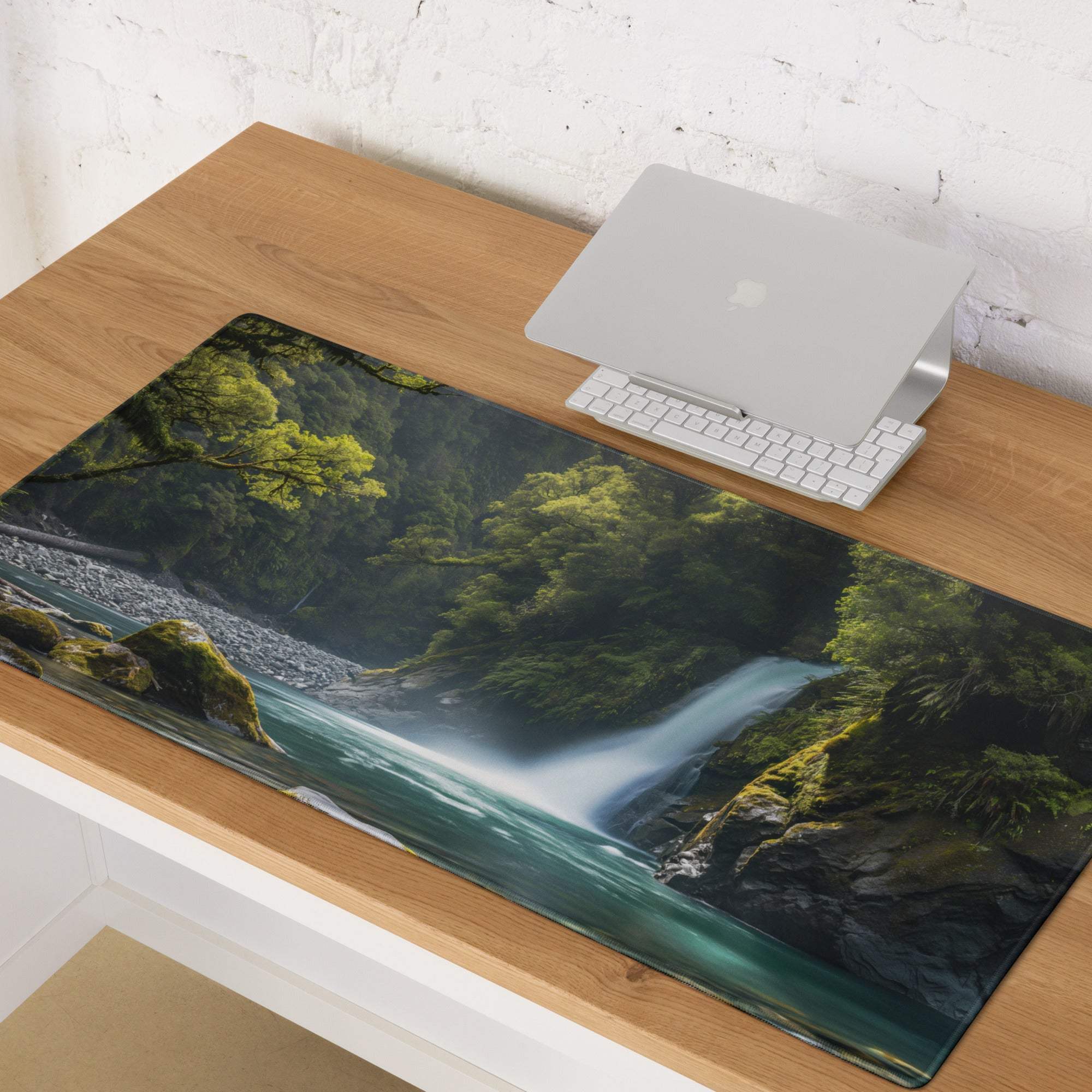 Zen Forest Waterfall large gaming mouse pad with lush green forest print