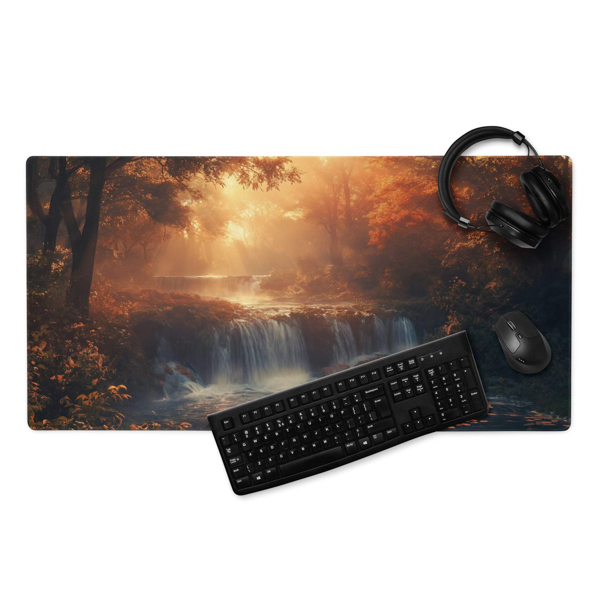 Autumn Sunset large gaming mouse pad with vivid forest sunset and waterfalls