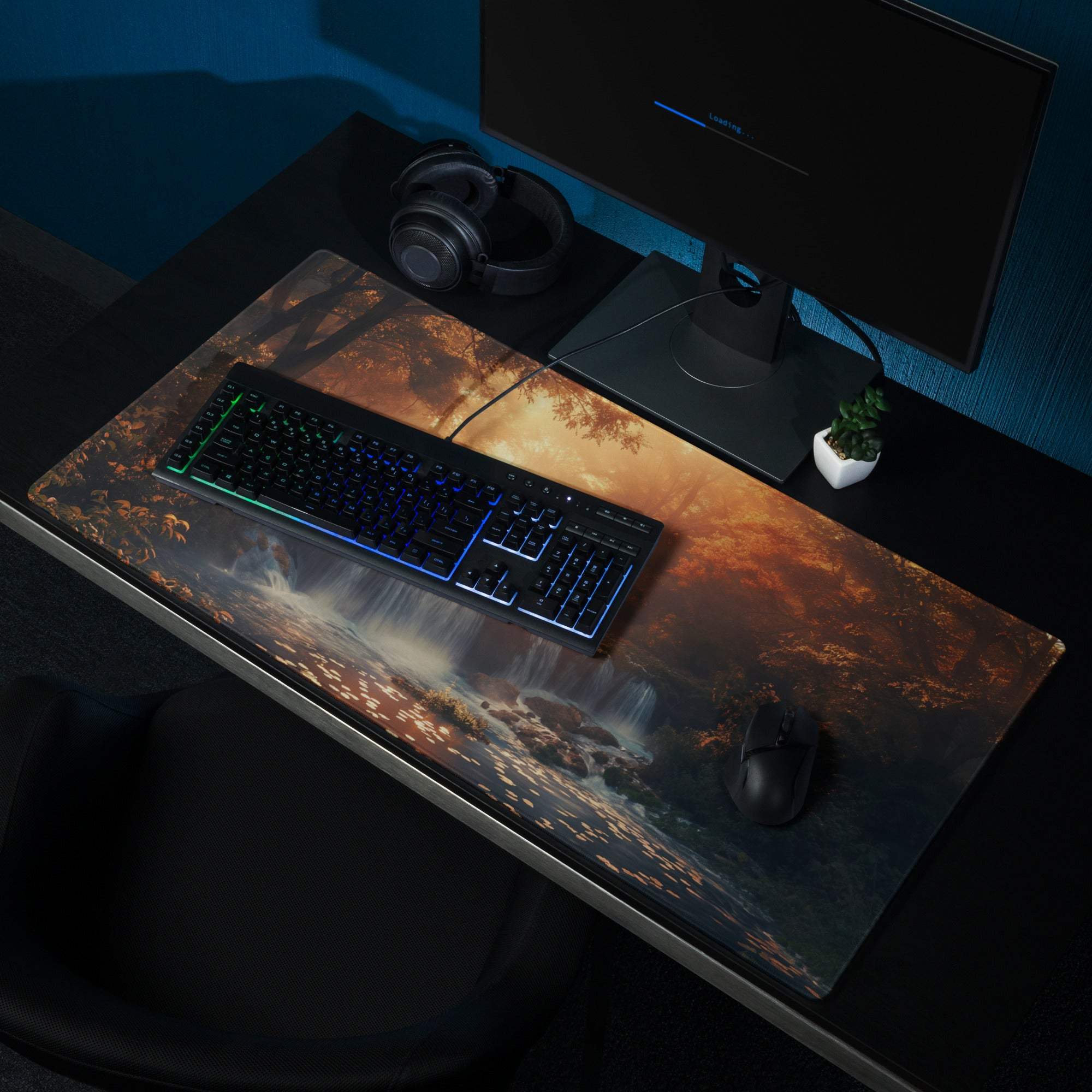 Autumn Sunset large gaming mouse pad with misty waterfalls and trees