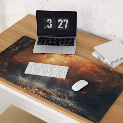 Autumn Sunset large gaming mouse pad with forest waterfall print