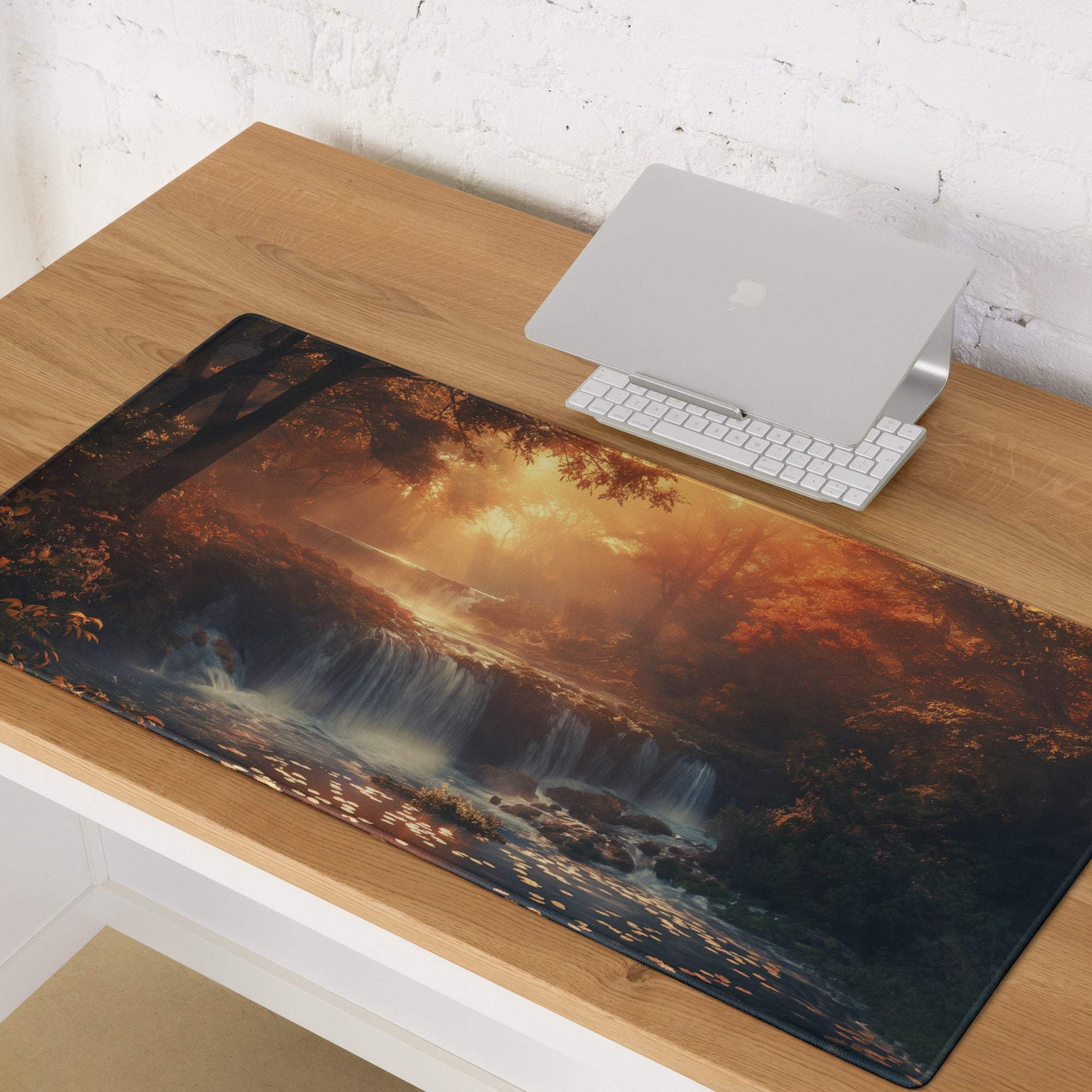 Autumn Sunset large gaming mouse pad with cascading waterfall print