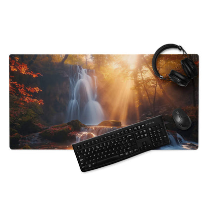 Large edge-stitched gaming mousepad with golden hour waterfall and autumn forest print